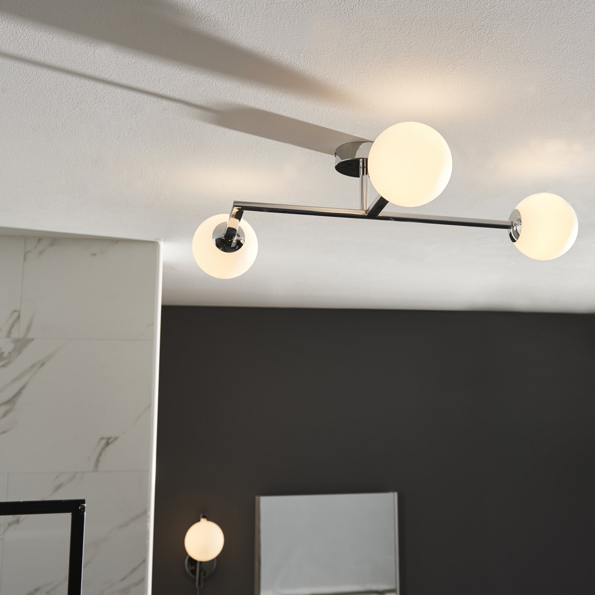 Utopia Linear Metal Semi Flush Fitting - Chrome With White Globe