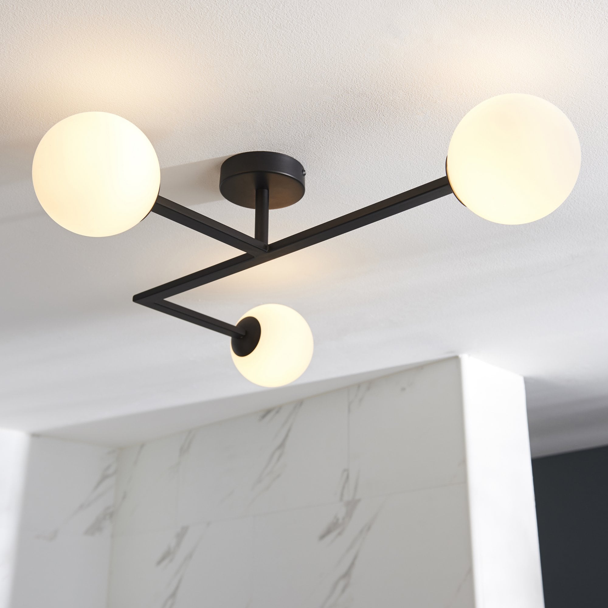 Utopia Linear Metal Semi Flush Fitting - Matt Black With White Globe