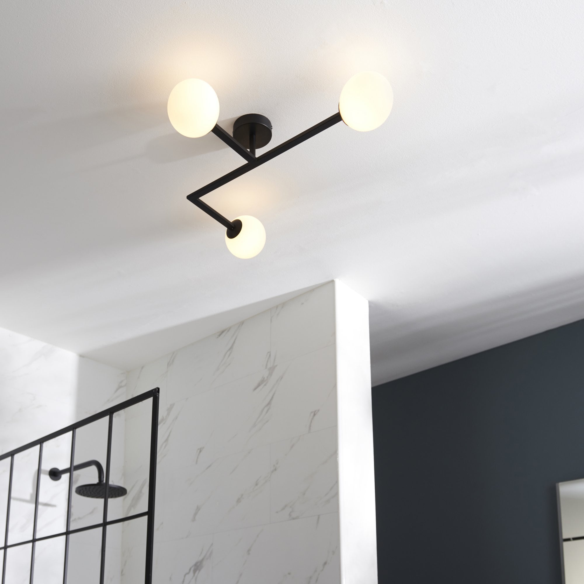 Utopia Linear Metal Semi Flush Fitting - Matt Black With White Globe