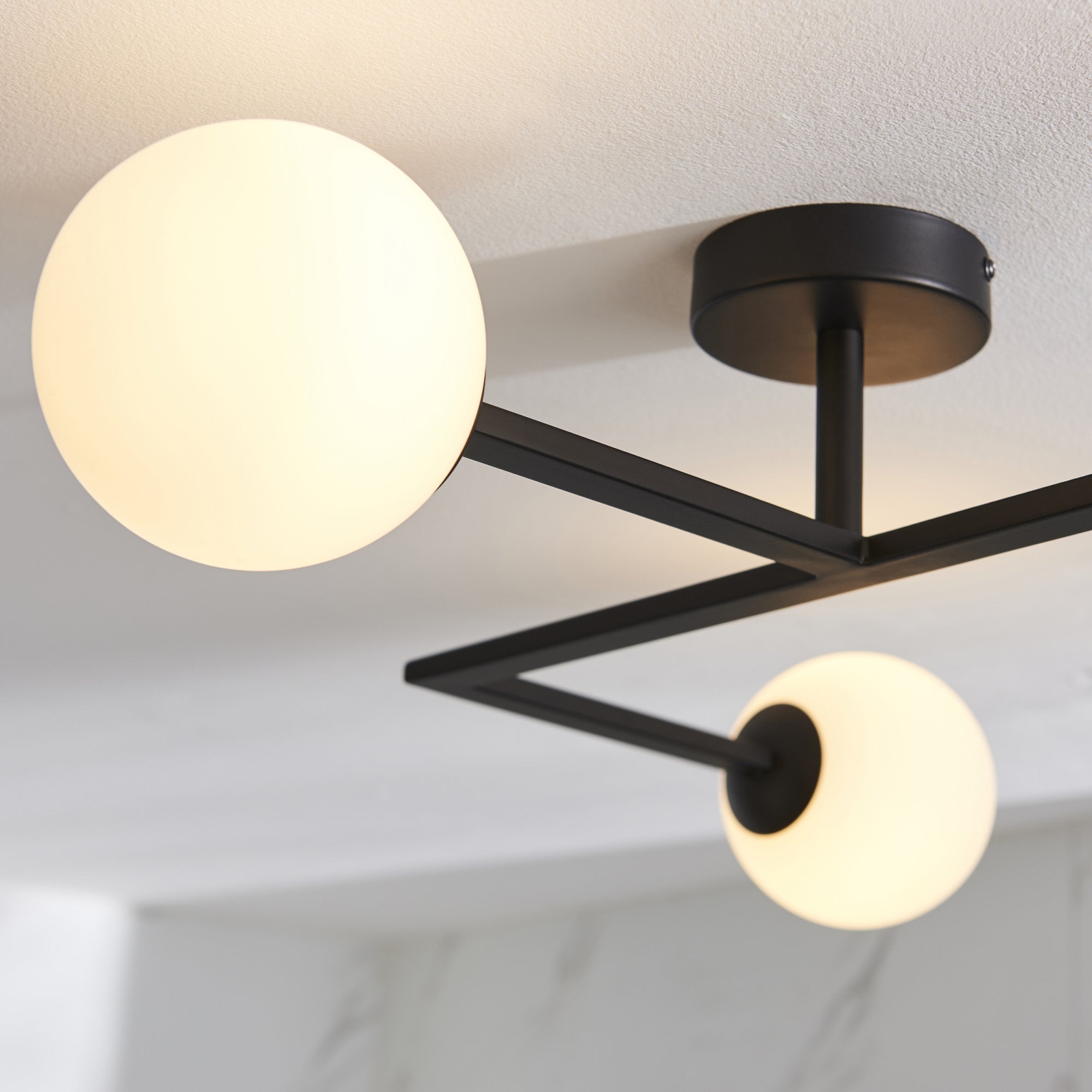 Utopia Linear Metal Semi Flush Fitting - Matt Black With White Globe