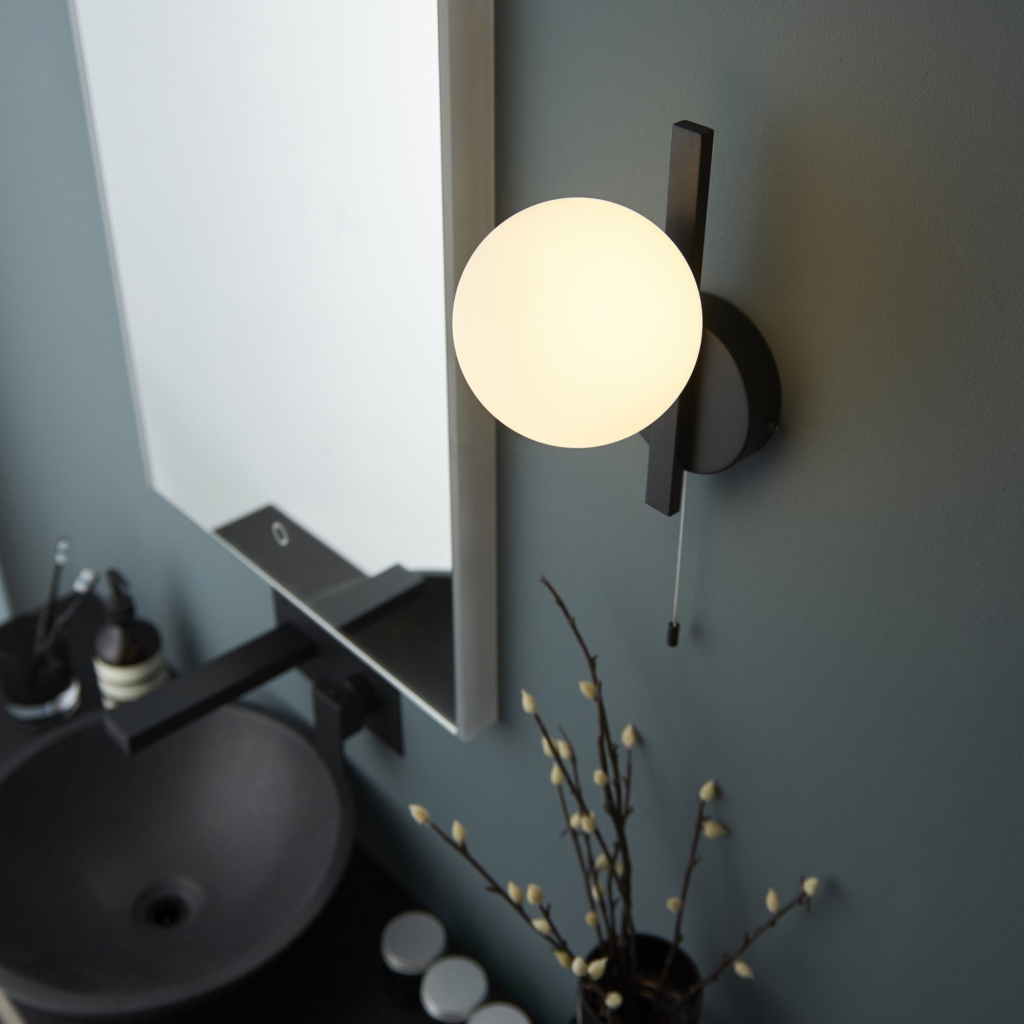 Endon Linear Metal Wall Light - Black With White Globe