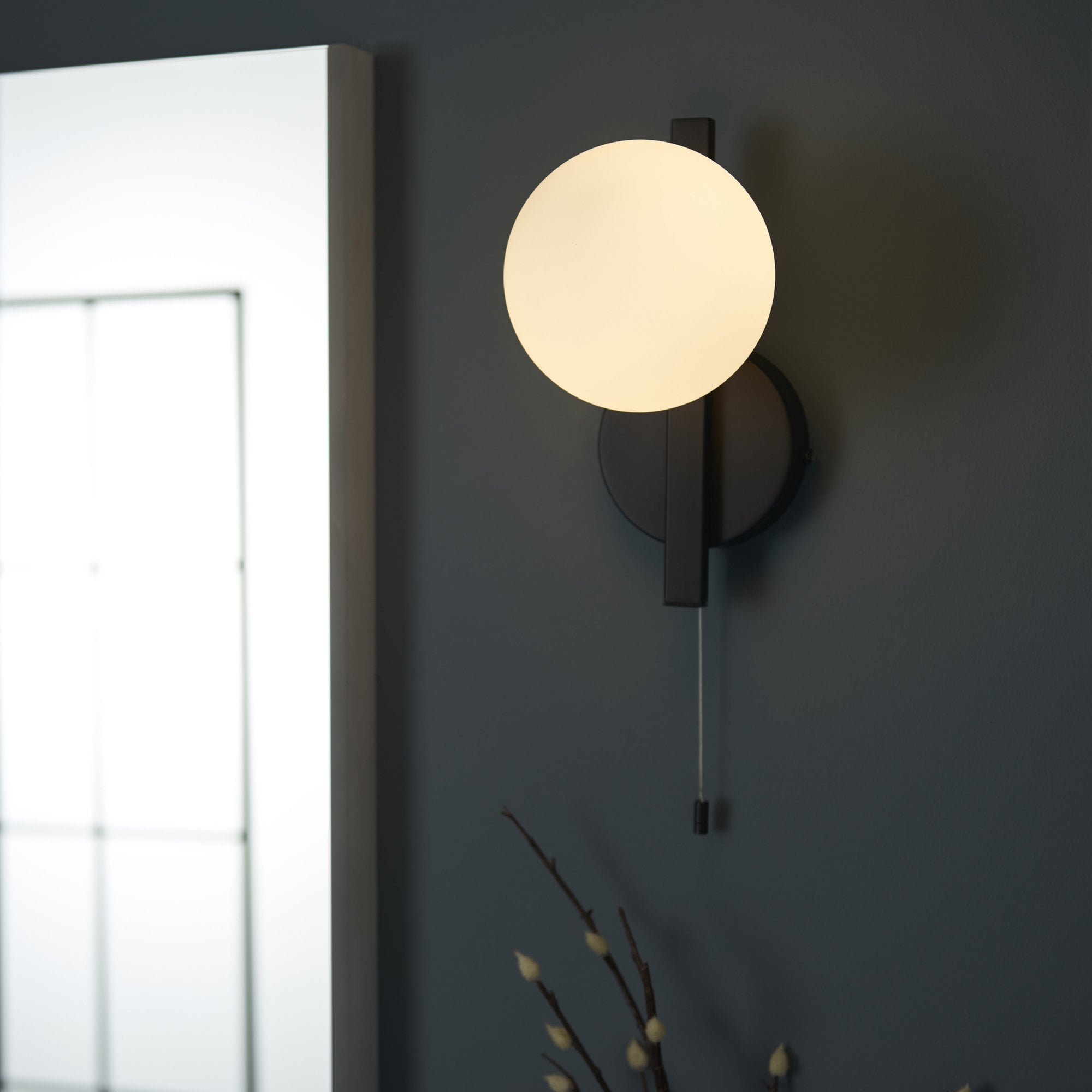 Endon Linear Metal Wall Light - Black With White Globe