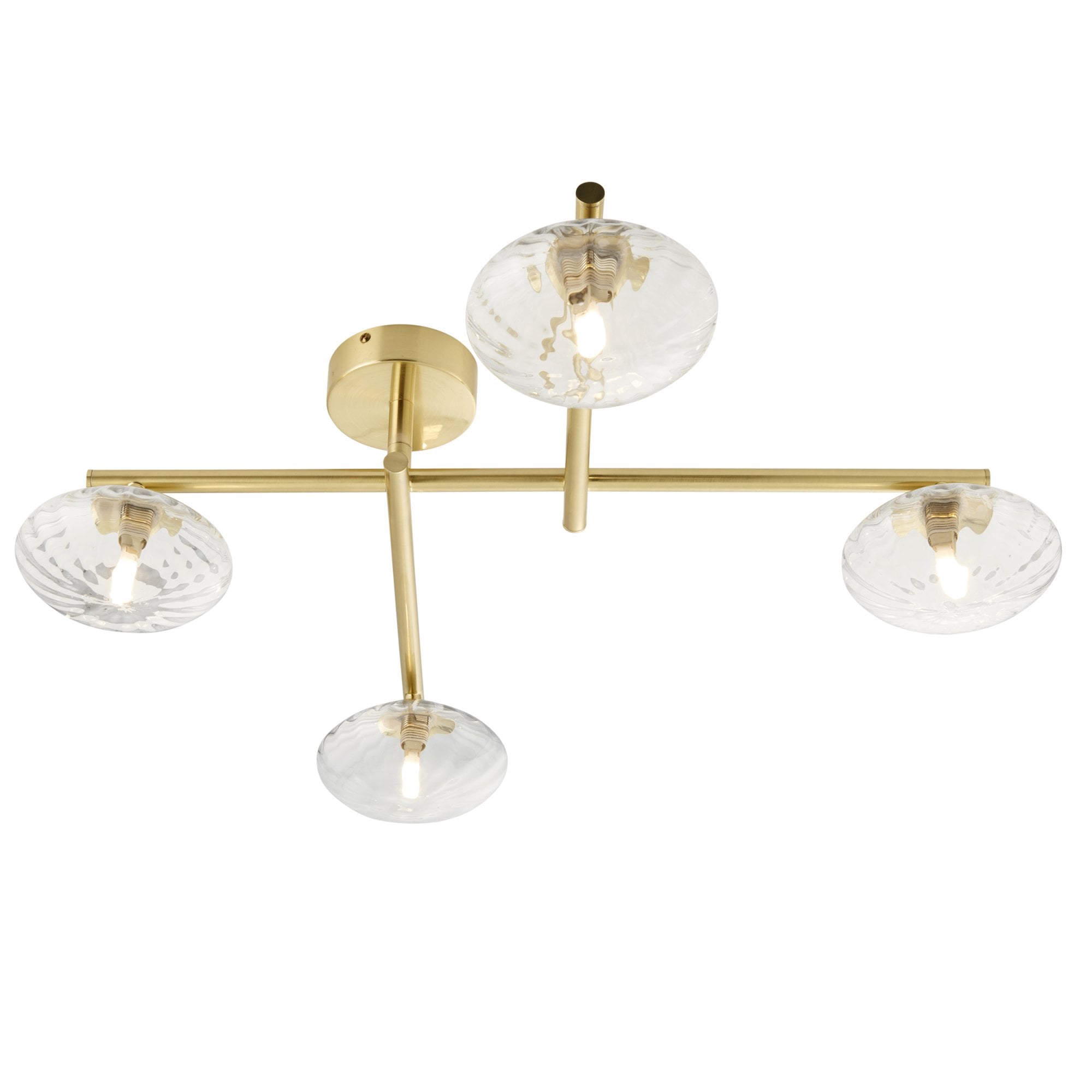 Utopia Linear Metal Semi Flush Fitting - Brushed Gold With 4 Ribbed Glass Shades