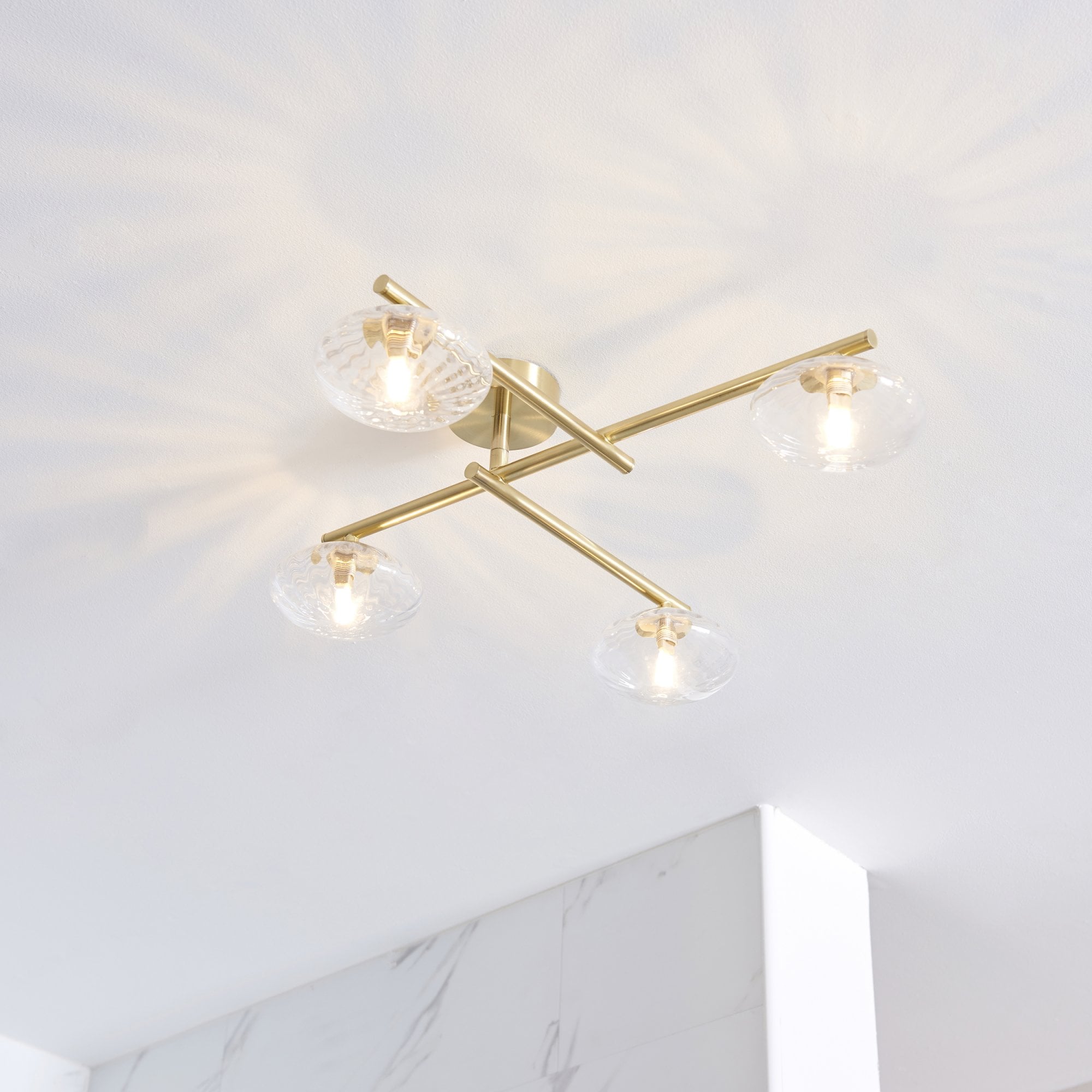 Utopia Linear Metal Semi Flush Fitting - Brushed Gold With 4 Ribbed Glass Shades