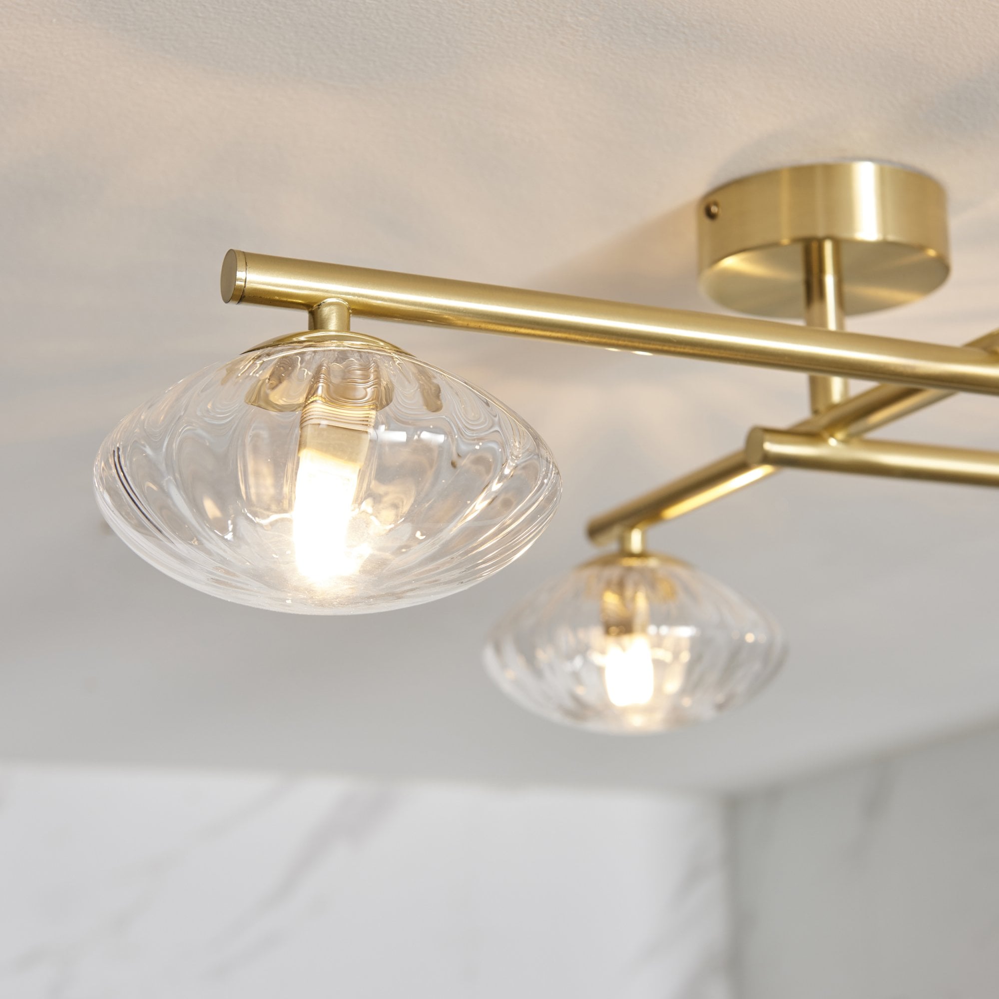 Utopia Linear Metal Semi Flush Fitting - Brushed Gold With 4 Ribbed Glass Shades