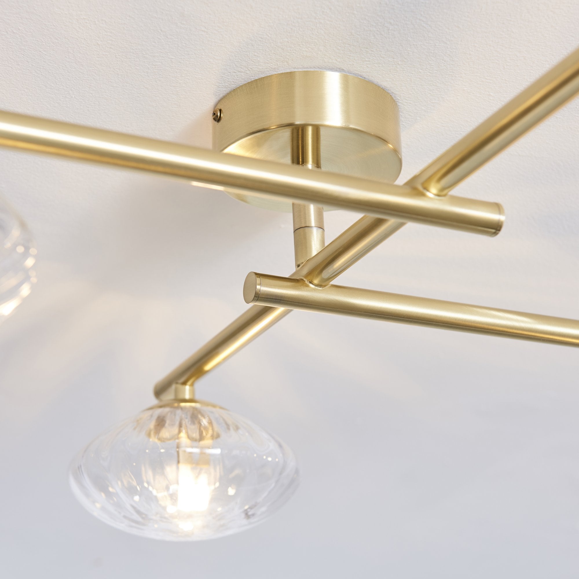 Utopia Linear Metal Semi Flush Fitting - Brushed Gold With 4 Ribbed Glass Shades