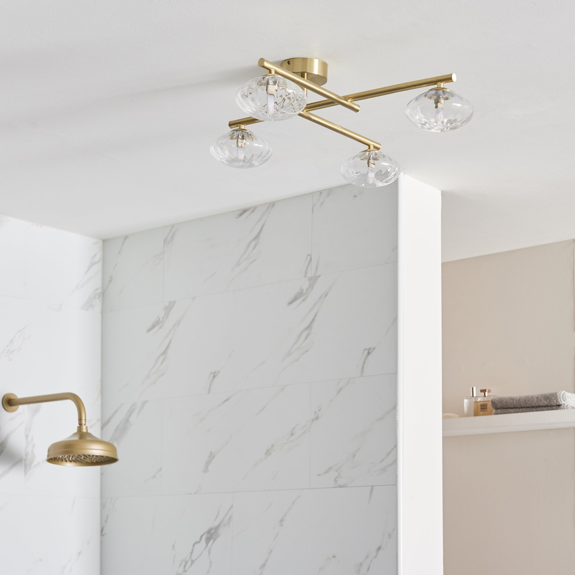 Utopia Linear Metal Semi Flush Fitting - Brushed Gold With 4 Ribbed Glass Shades