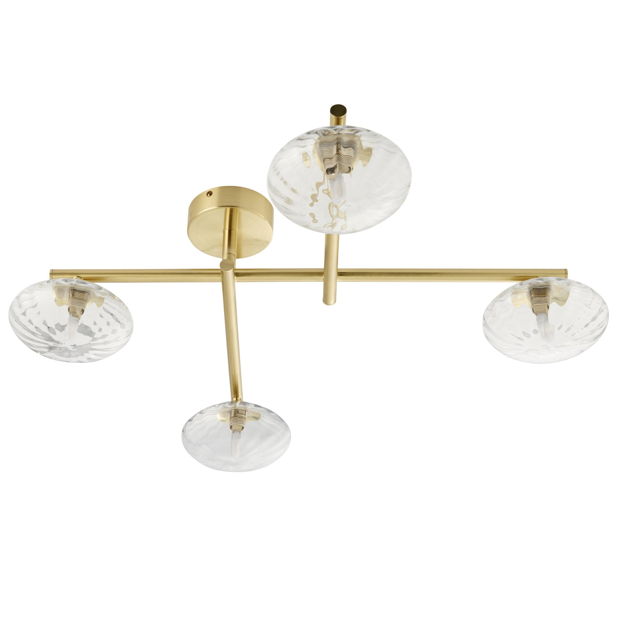 Utopia Linear Metal Semi Flush Fitting - Brushed Gold With 4 Ribbed Glass Shades