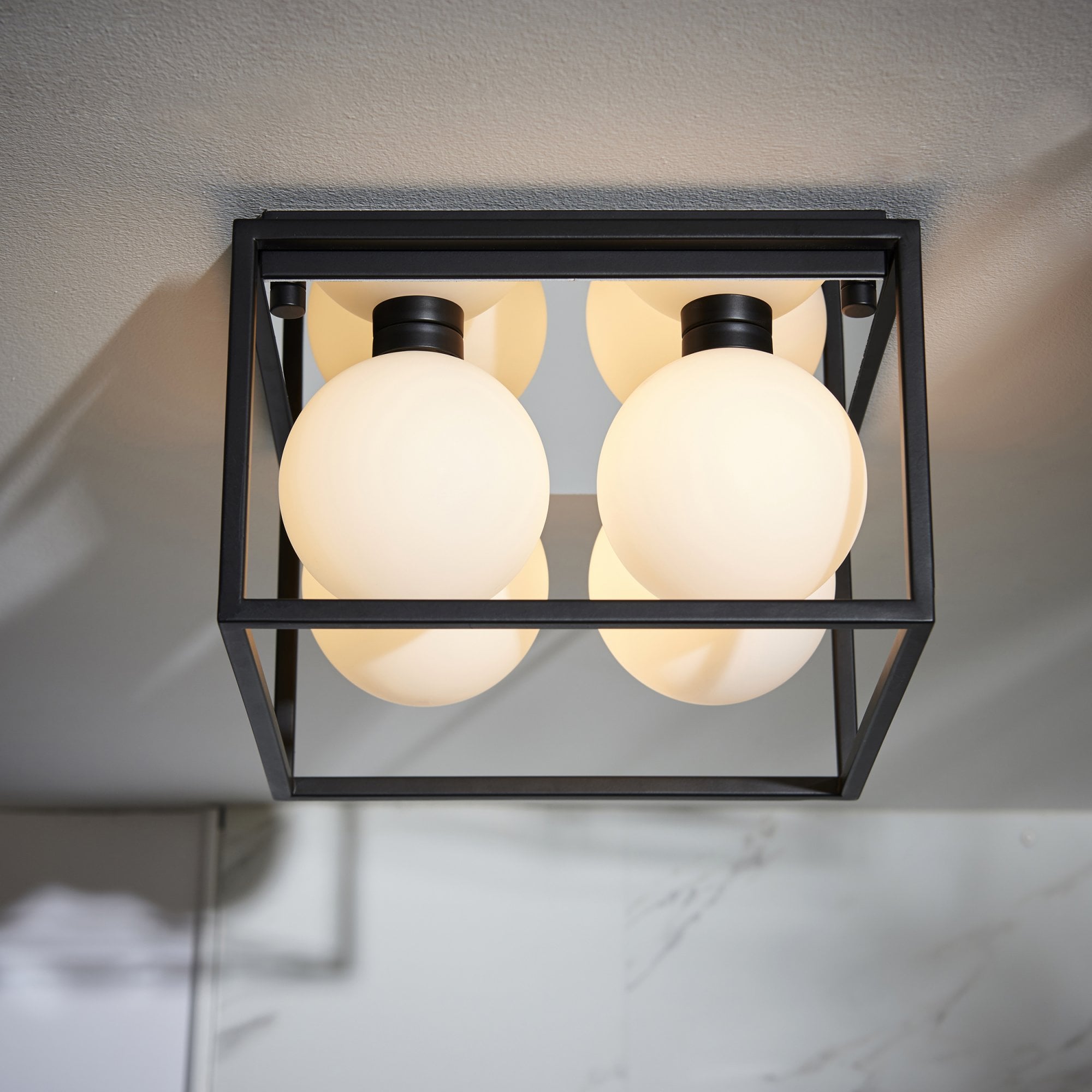 Utopia Square Box - Open Framed - Ceiling Light - Black With 4 White Globes