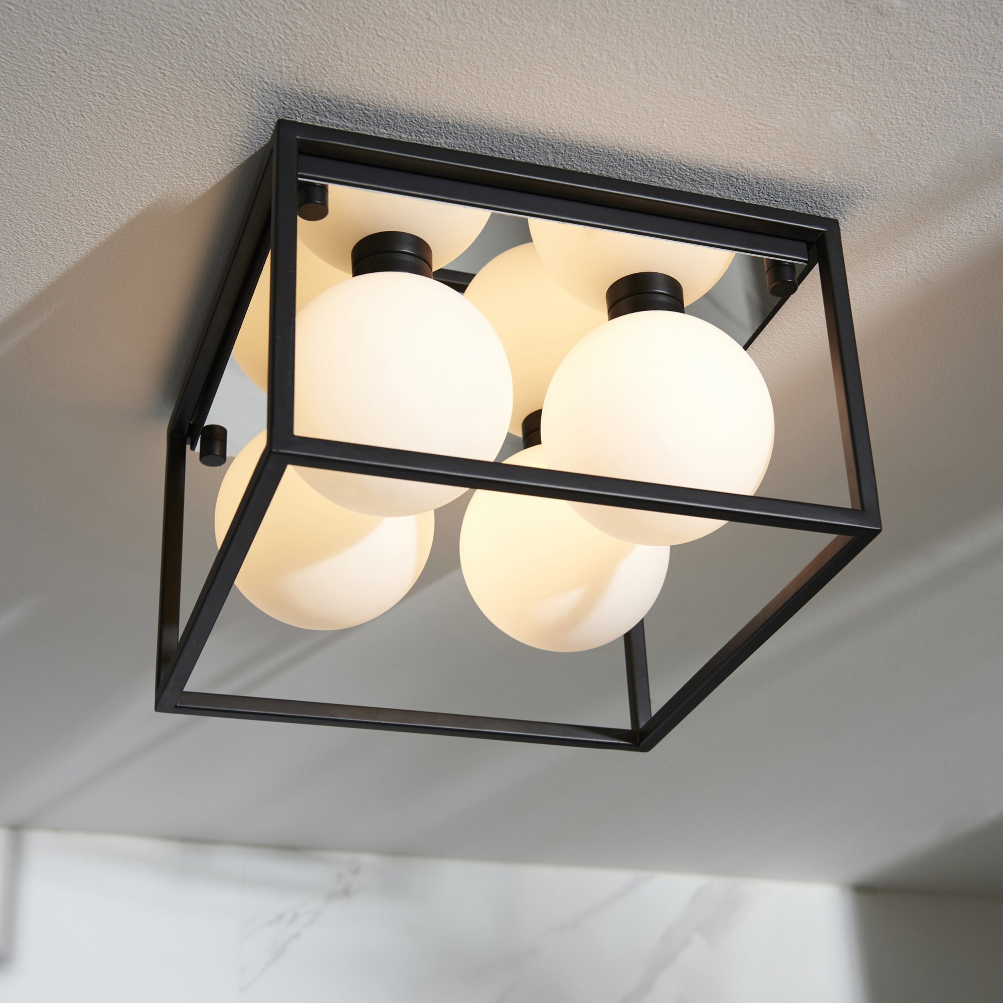 Utopia Square Box - Open Framed - Ceiling Light - Black With 4 White Globes