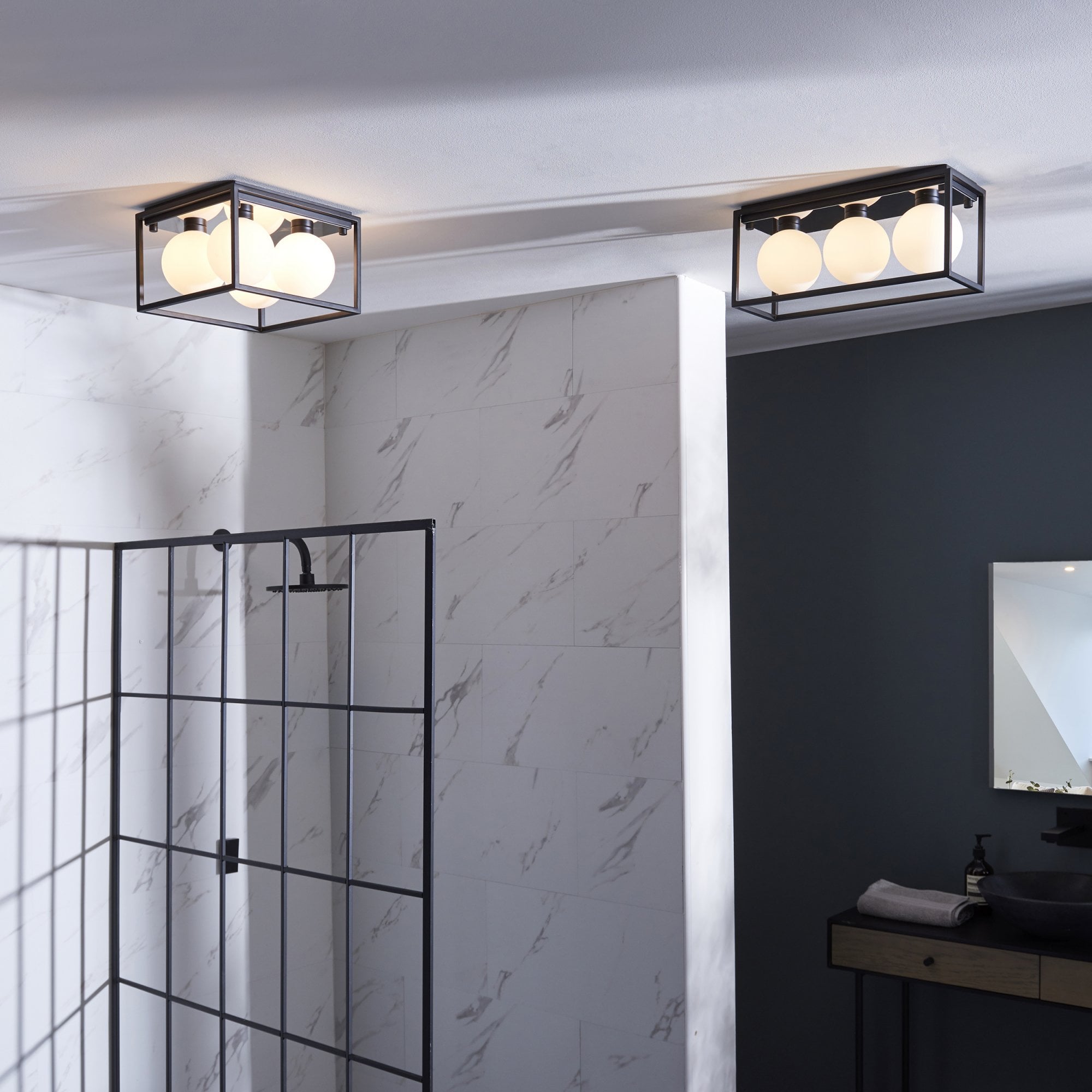 Utopia Rectangle Box - Open Framed - Ceiling Light - Black With 3 White Globes