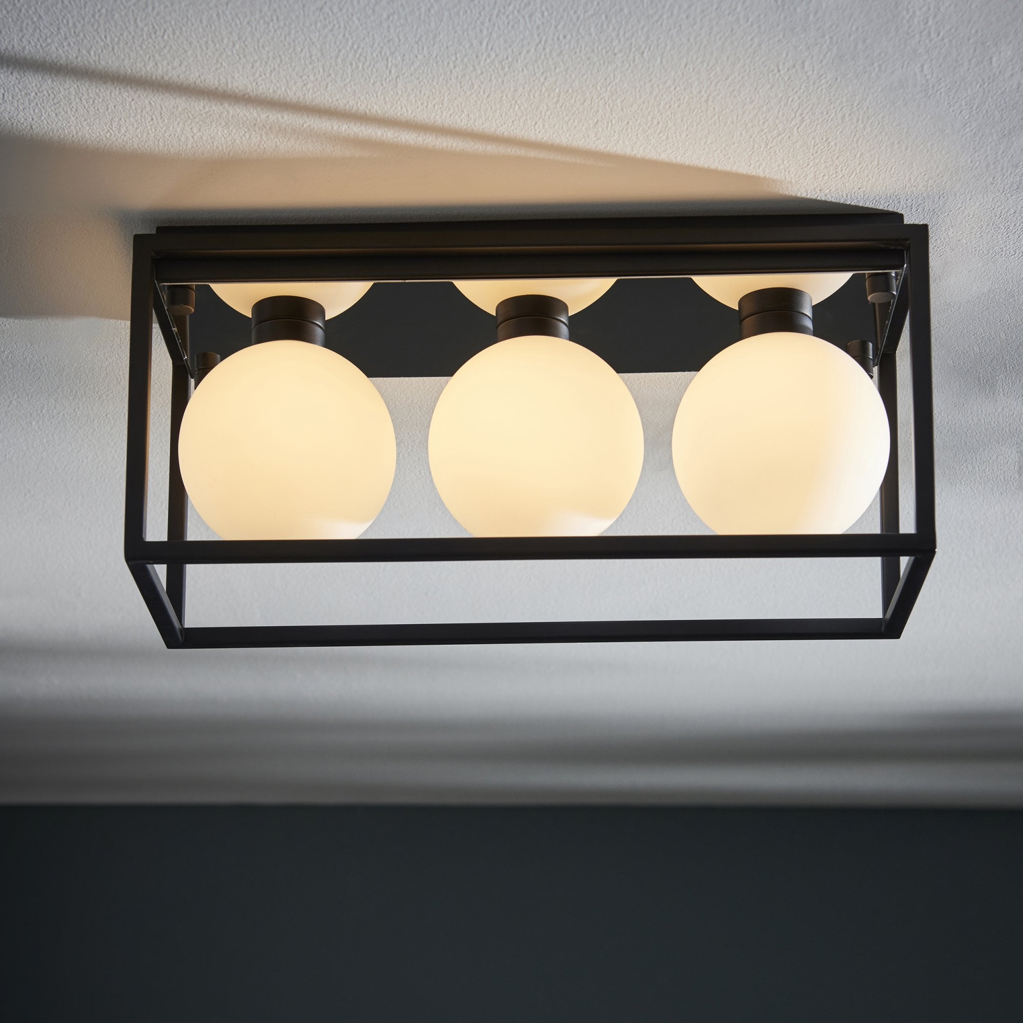 Utopia Rectangle Box - Open Framed - Ceiling Light - Black With 3 White Globes