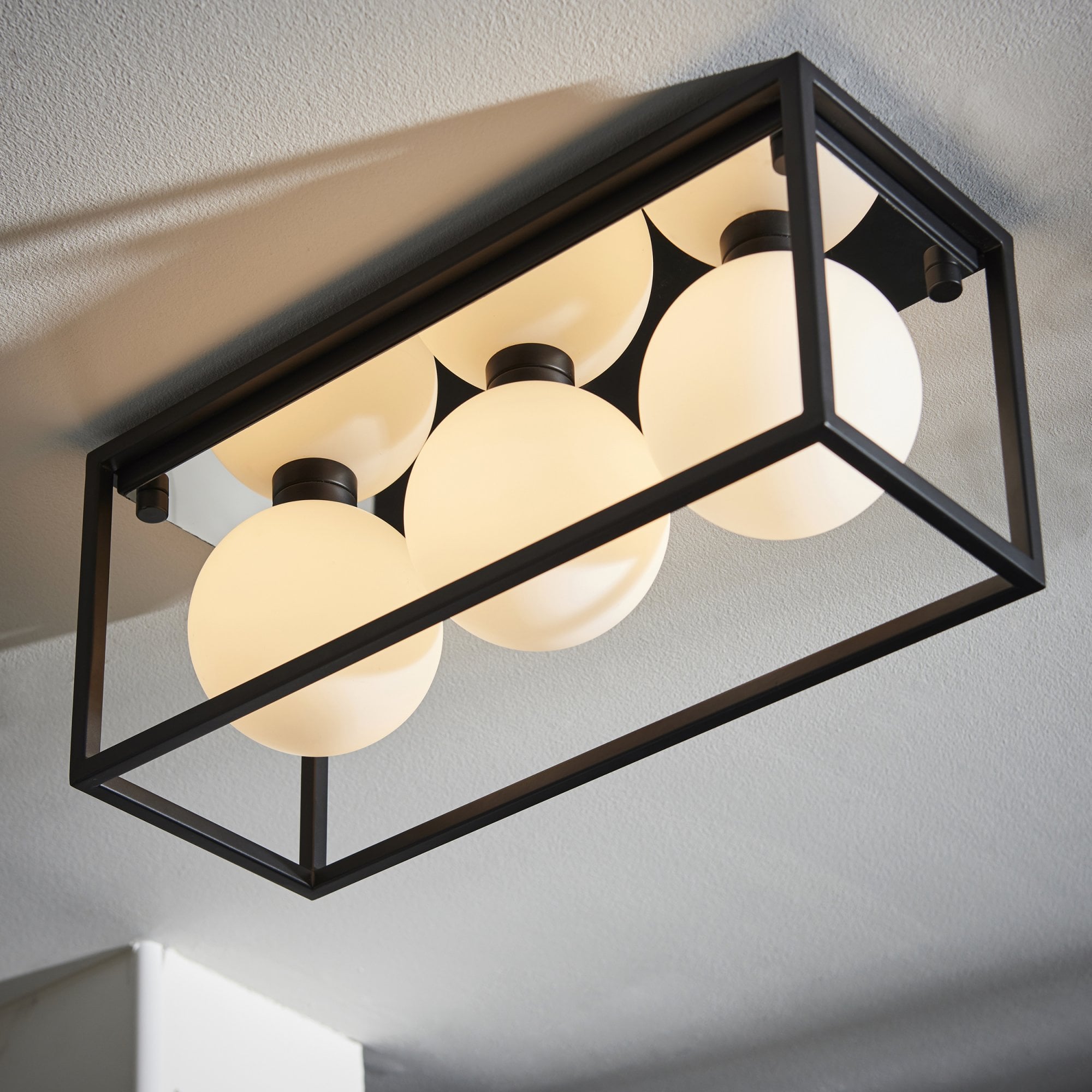 Utopia Rectangle Box - Open Framed - Ceiling Light - Black With 3 White Globes