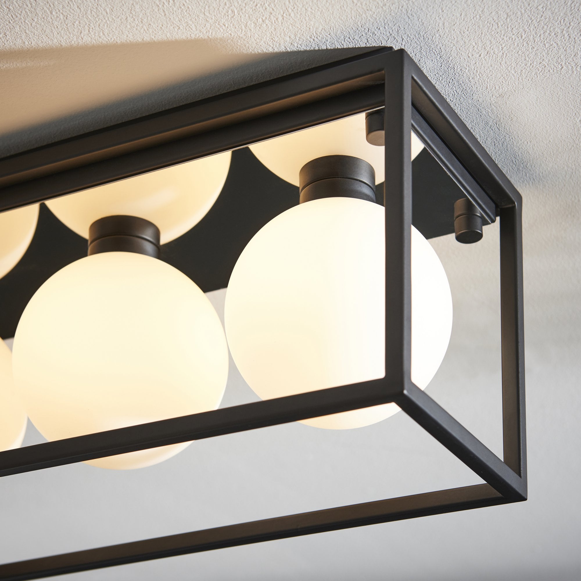 Utopia Rectangle Box - Open Framed - Ceiling Light - Black With 3 White Globes