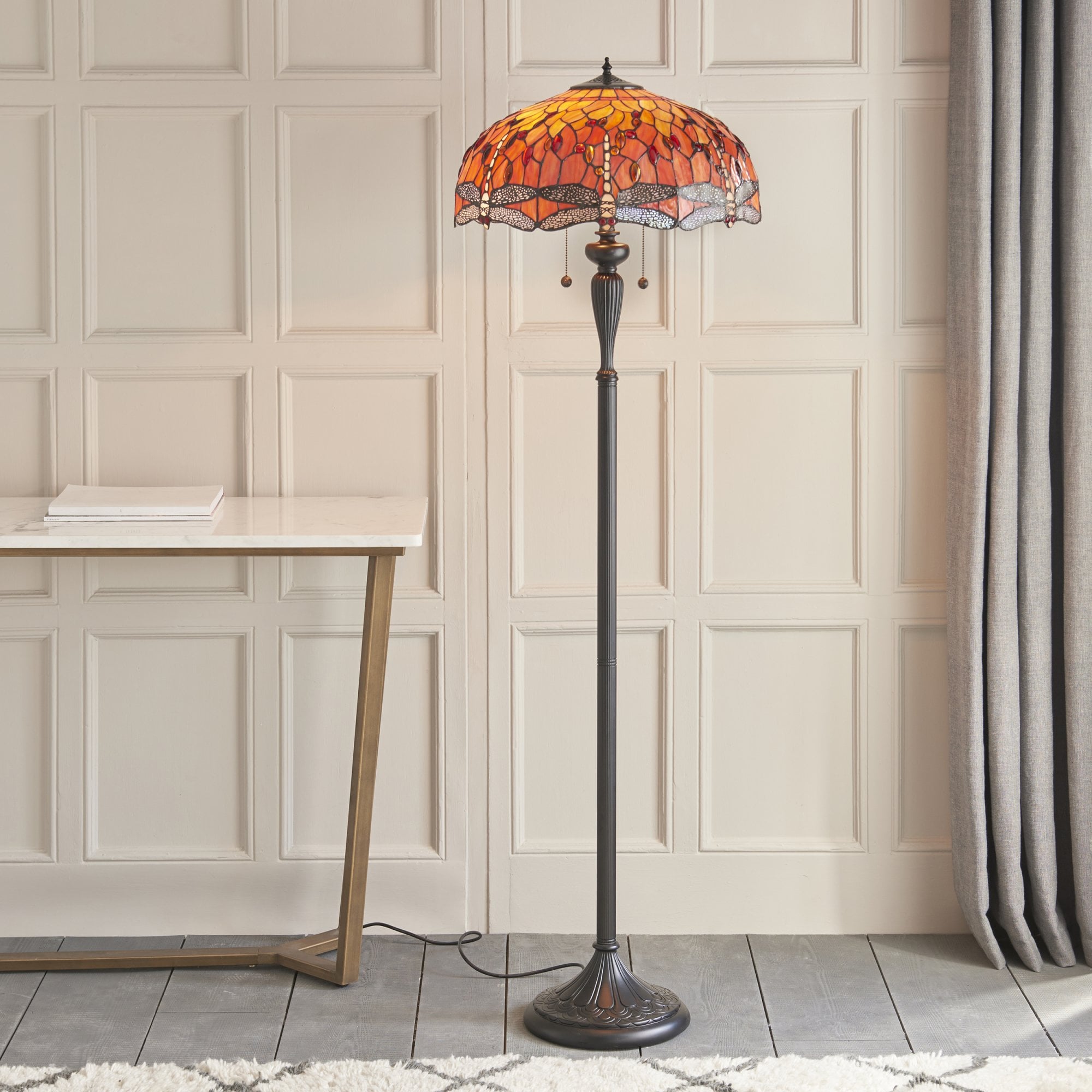 Interiors 1900 Dragonfly Flame Floor Lamp - Tiffany Glass
