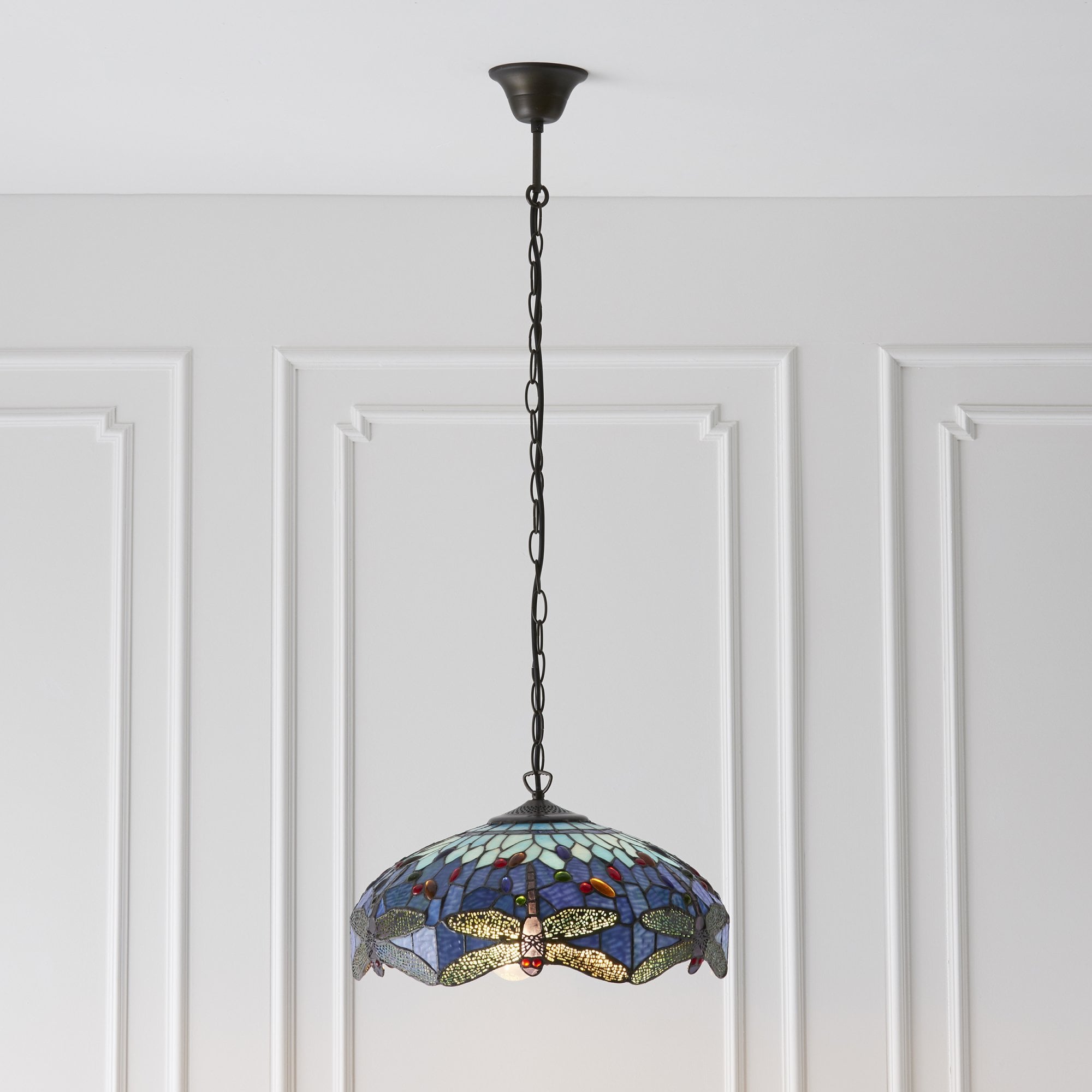 Interiors 1900 Dragonfly Blue Medium 3 Light Pendant - Tiffany Glass
