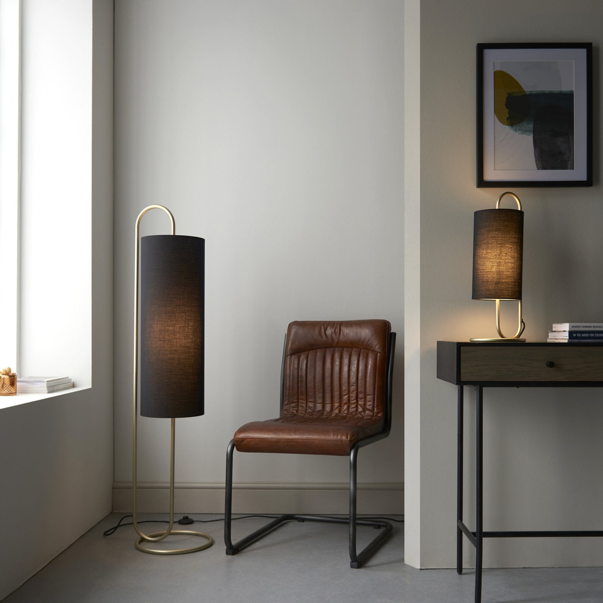 Endon Klip Metal Frame Table Lamp - Antique Brass With Black Shade - Short