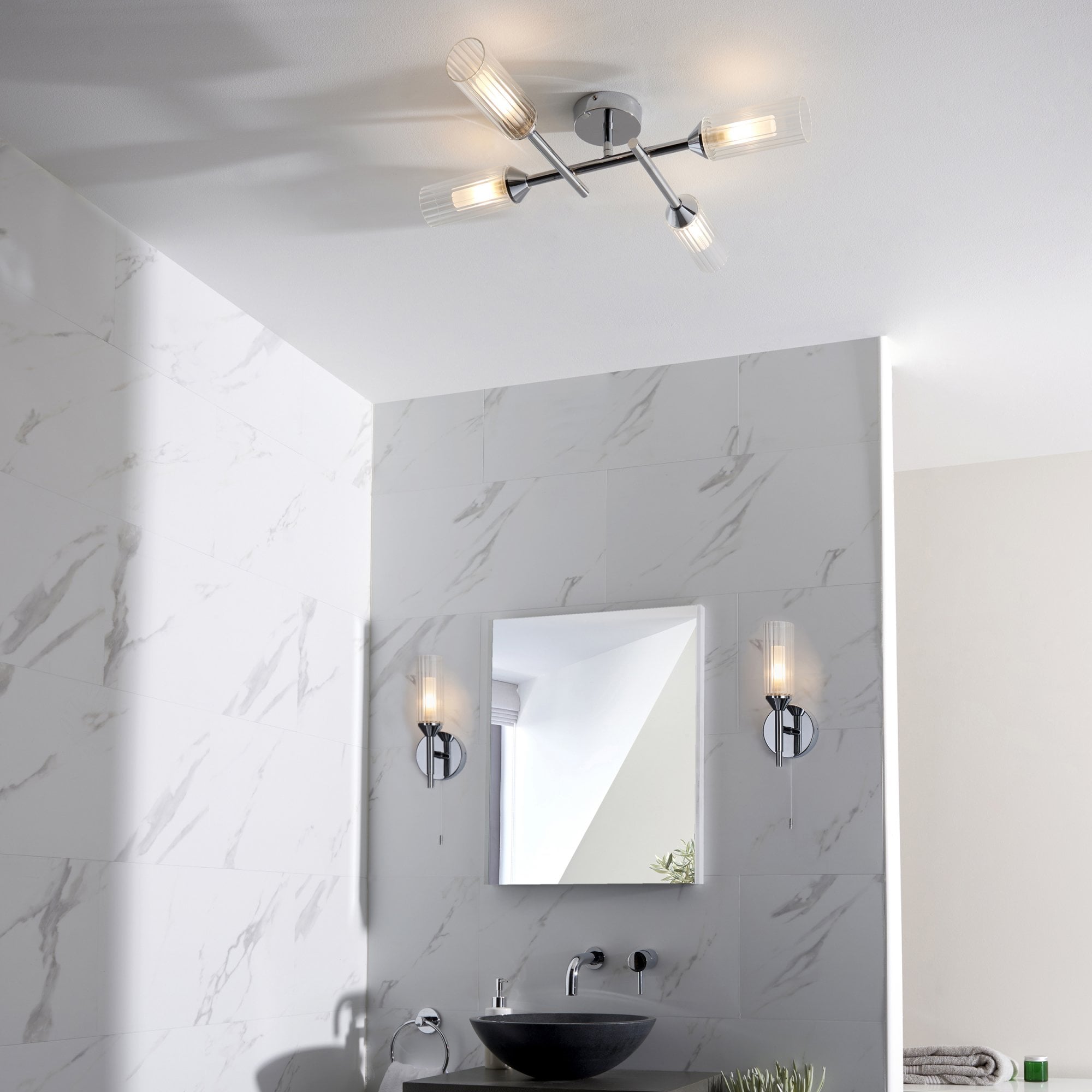 Utopia Flute 4 Light Semi-Flush - Frosted, Ribbed Glass & Chrome