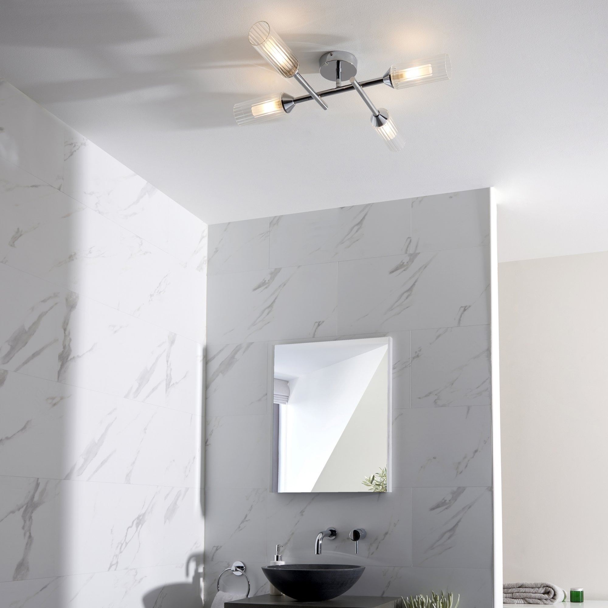 Utopia Flute 4 Light Semi-Flush - Frosted, Ribbed Glass & Chrome