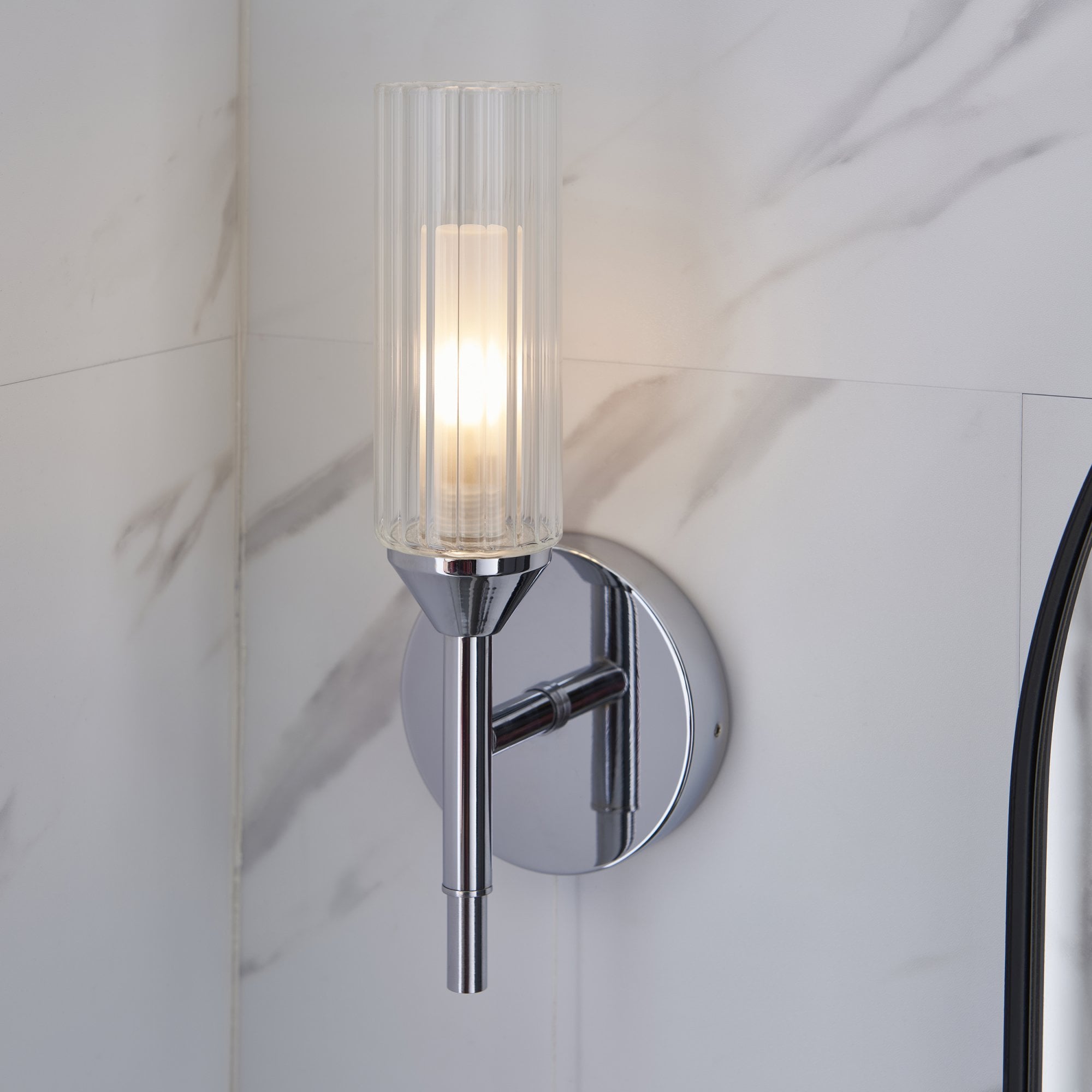 Endon Flute Single Wall Light - Frosted, Ribbed Glass & Chrome