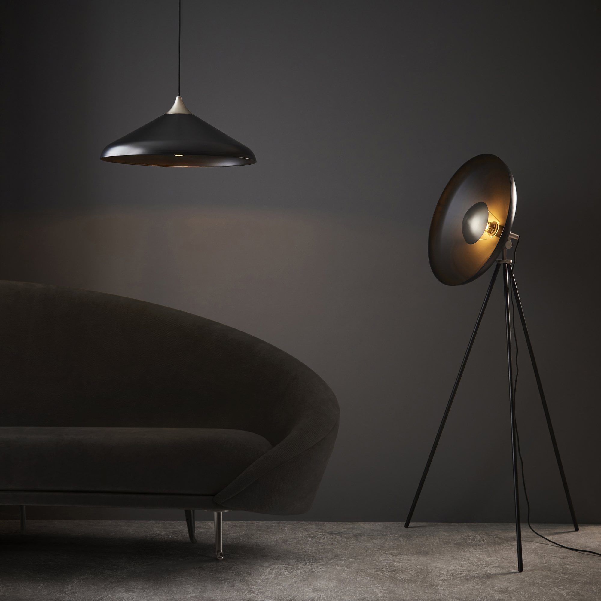 Utopia Satellite Coned Floor Light - Matt Black & Matt Nickel Plate