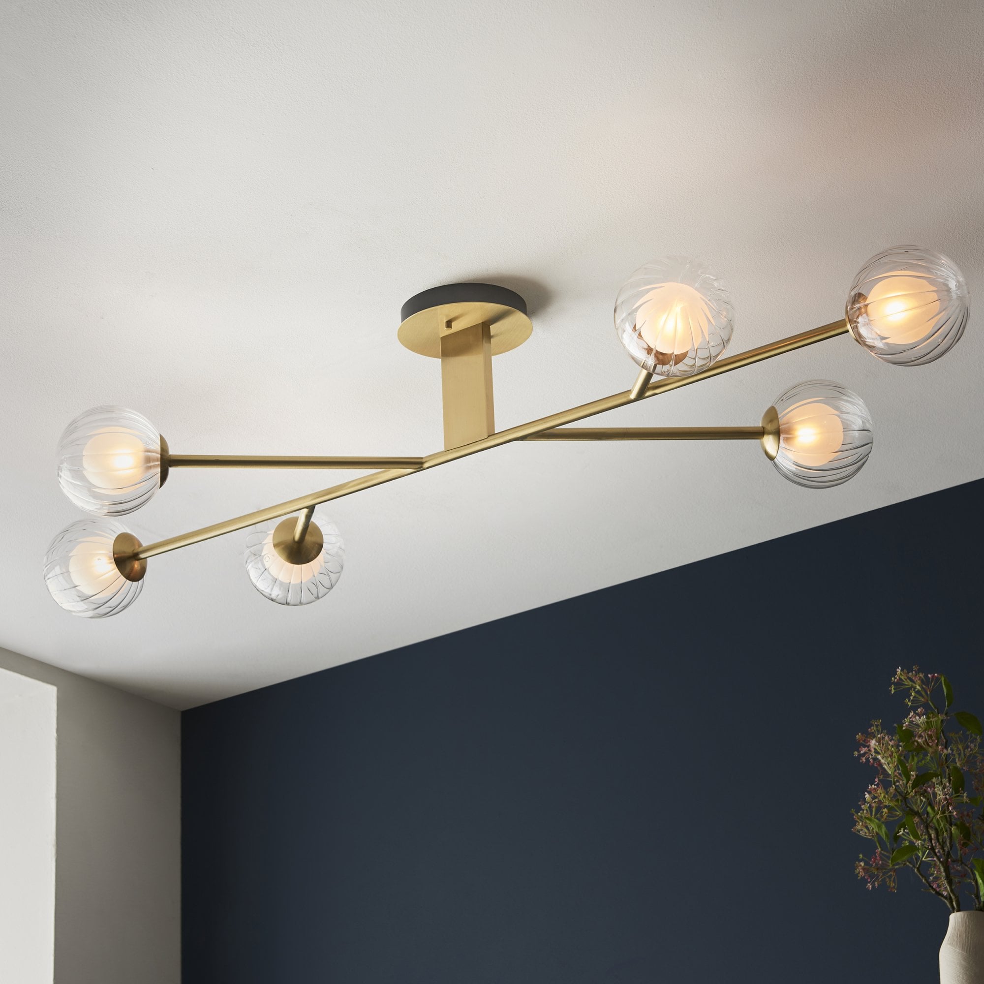 Utopia Matrix Round 6 Light Ceiling Semi Flush - Satin Brass & Glass