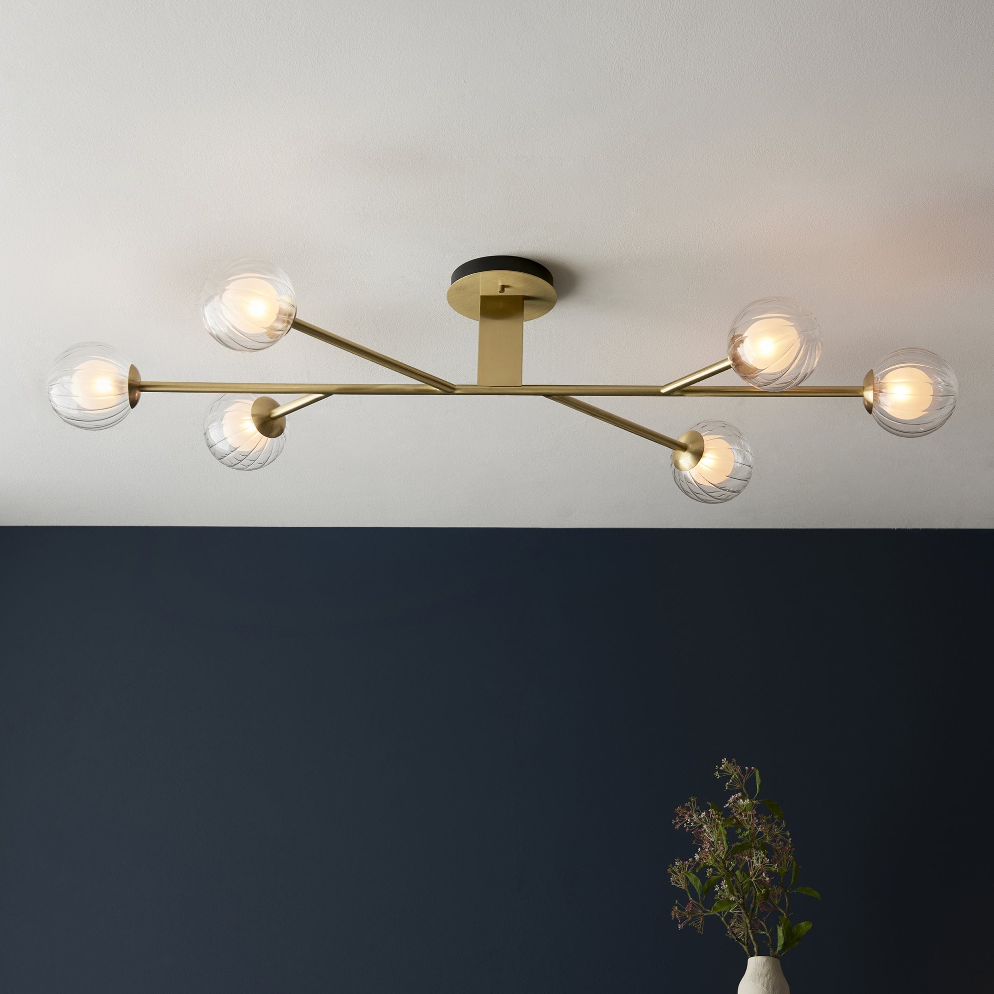 Utopia Matrix Round 6 Light Ceiling Semi Flush - Satin Brass & Glass