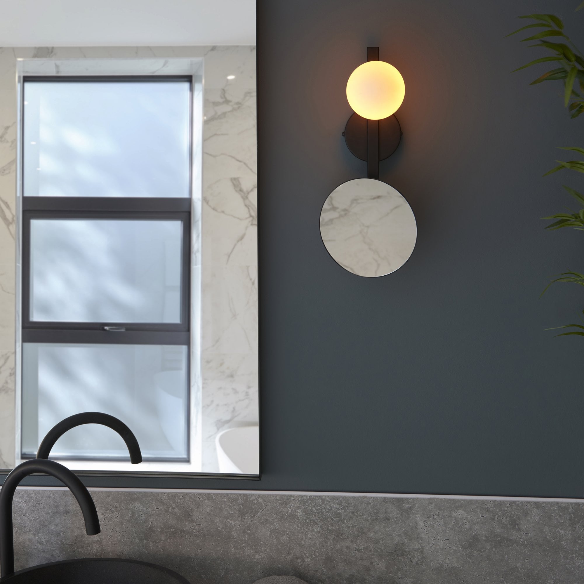 Utopia Mini Moon & Mirror IP44 Wall Light - Black & Opal Glass