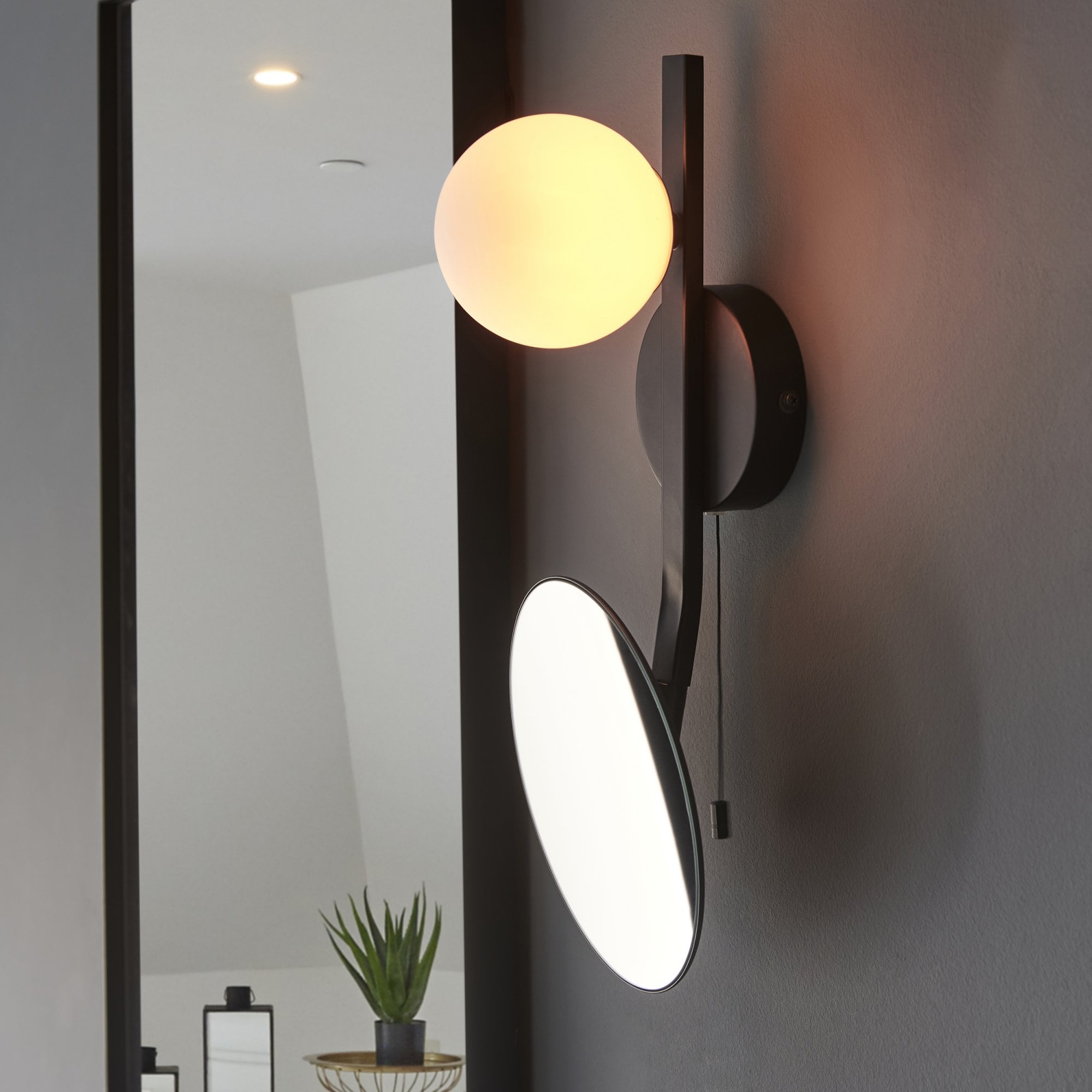 Utopia Mini Moon & Mirror IP44 Wall Light - Black & Opal Glass