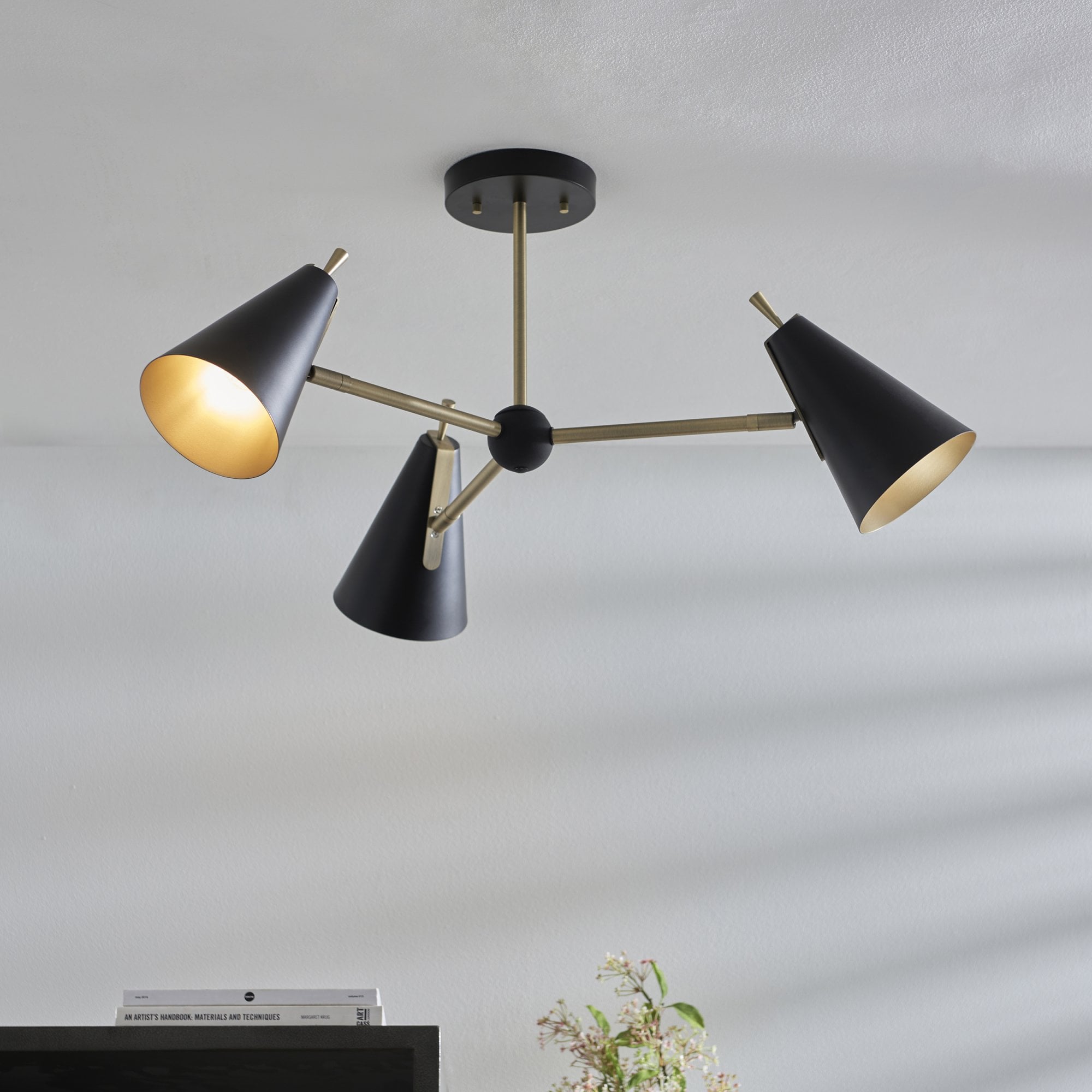 Utopia Horn Mid Century 3 Light Semi Flush - Matt Antique Gold & Matt Black