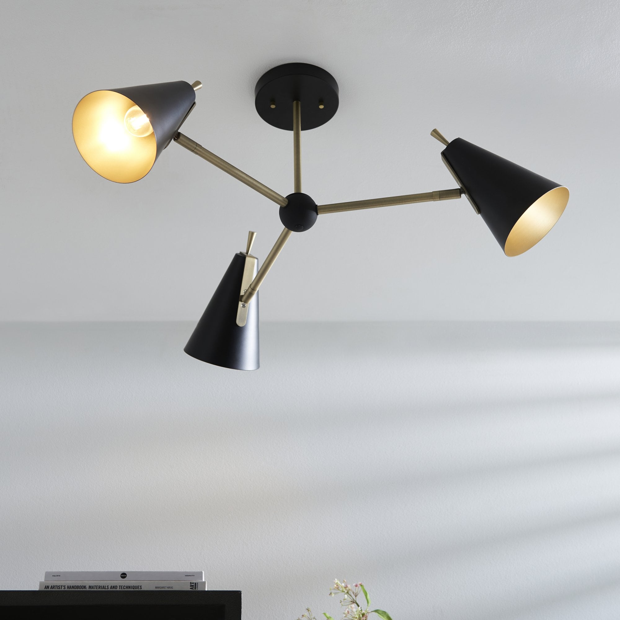 Utopia Horn Mid Century 3 Light Semi Flush - Matt Antique Gold & Matt Black