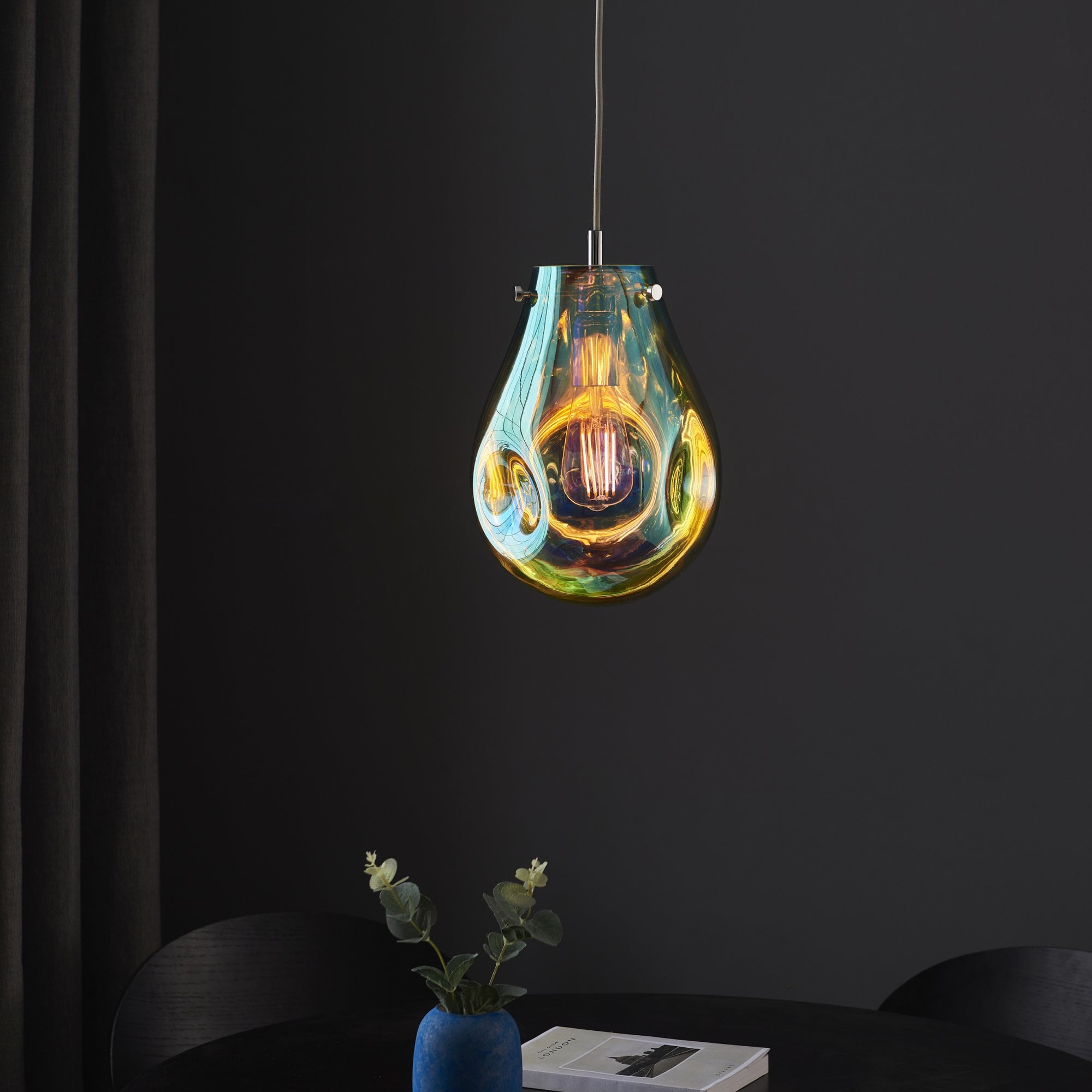 Endon Dent Medium Glass Ceiling Pendant - Metallic Petrol