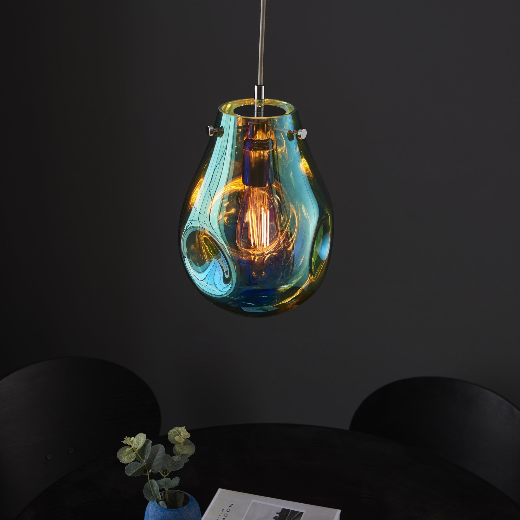 Utopia Dent Medium Glass Ceiling Pendant - Metallic Petrol