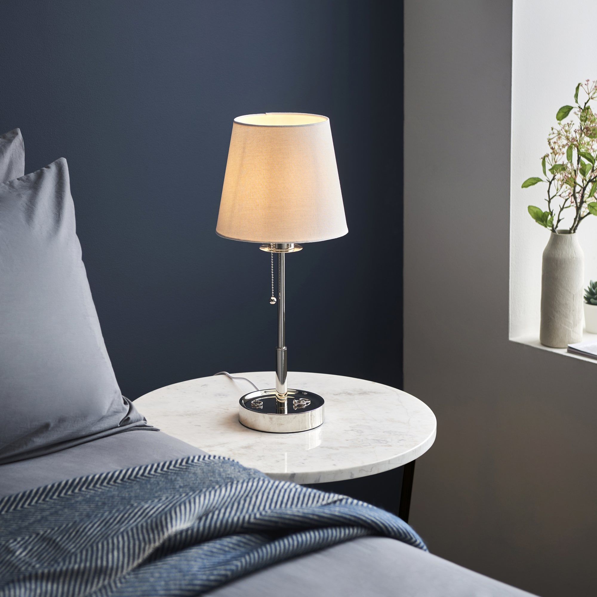 Utopia Eton Vanity Table Lamp - Bright Nickel & Vintage White Tapered Shade