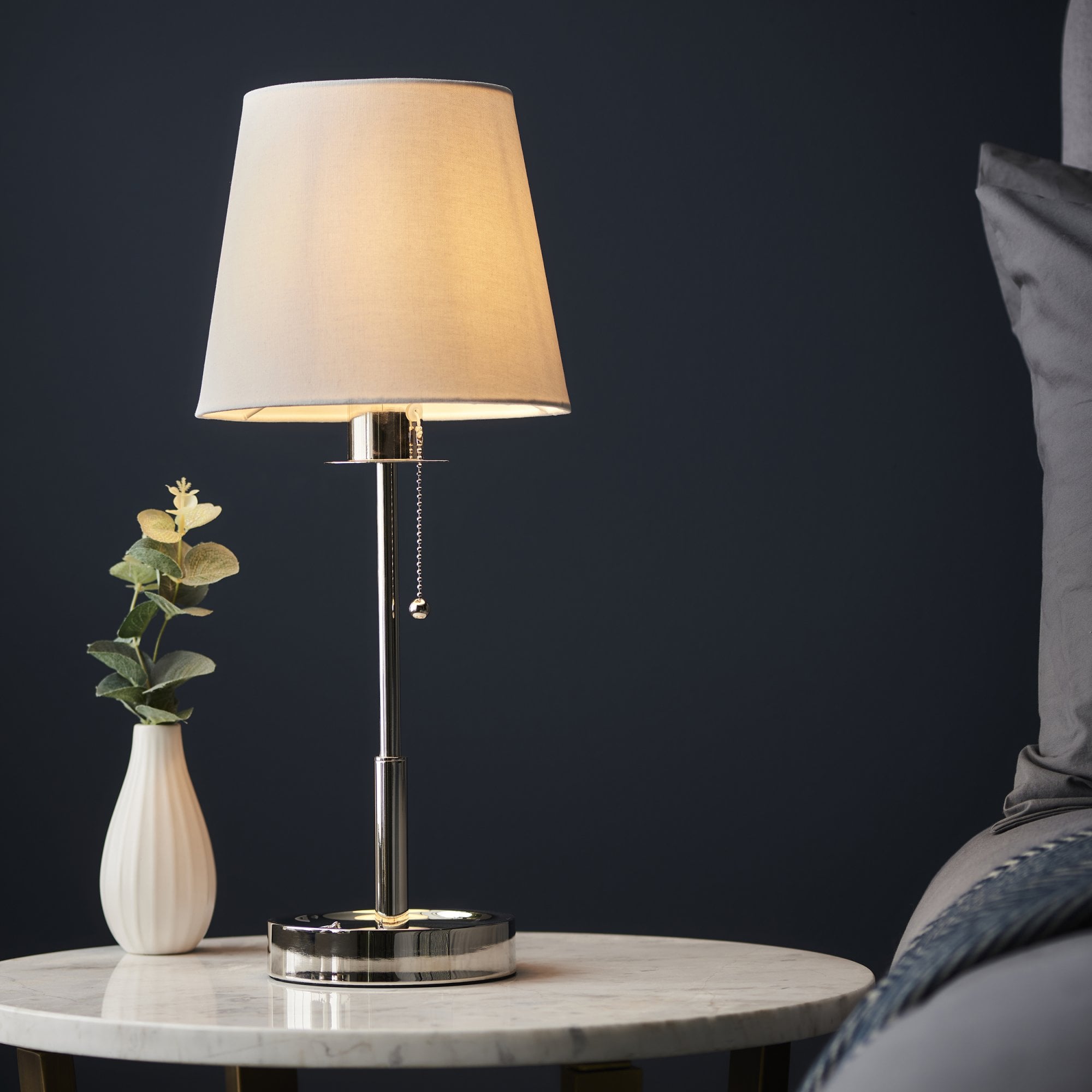 Utopia Eton Vanity Table Lamp - Bright Nickel & Vintage White Tapered Shade
