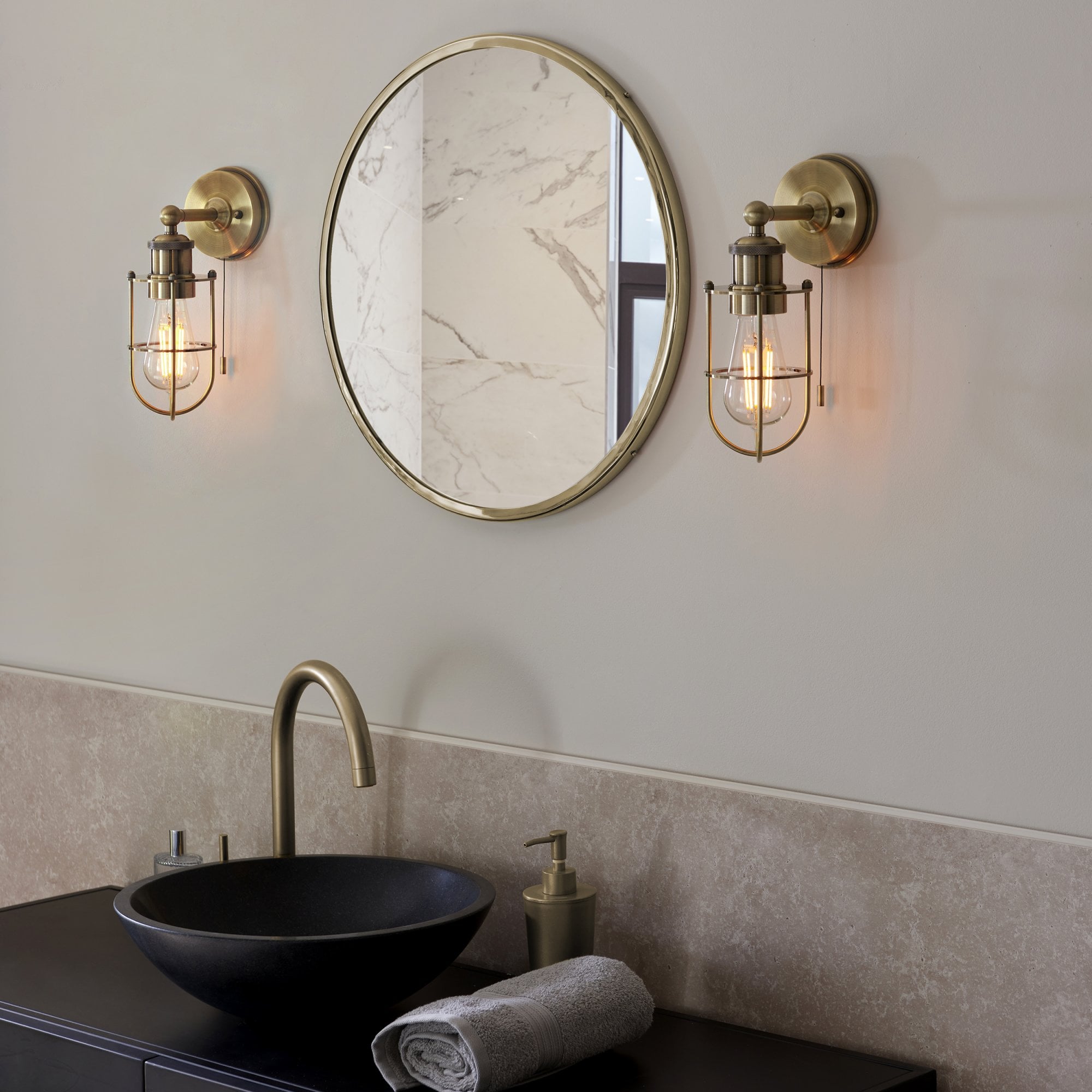 Utopia Industrial Caged Single Wall Light - Antique Brass