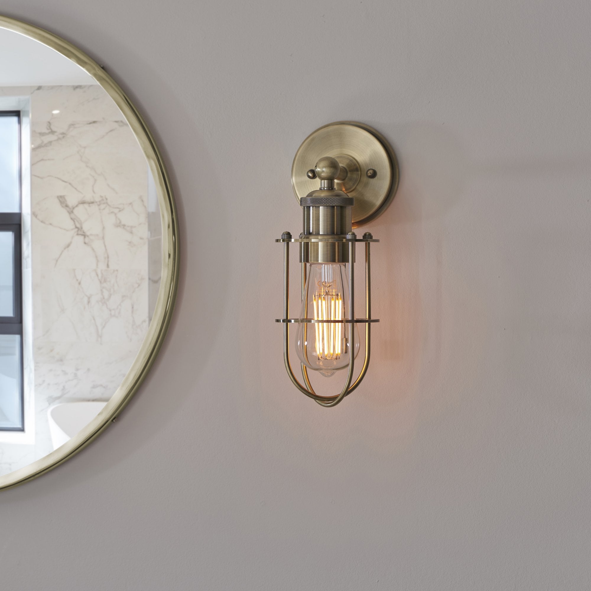 Utopia Industrial Caged Single Wall Light - Antique Brass