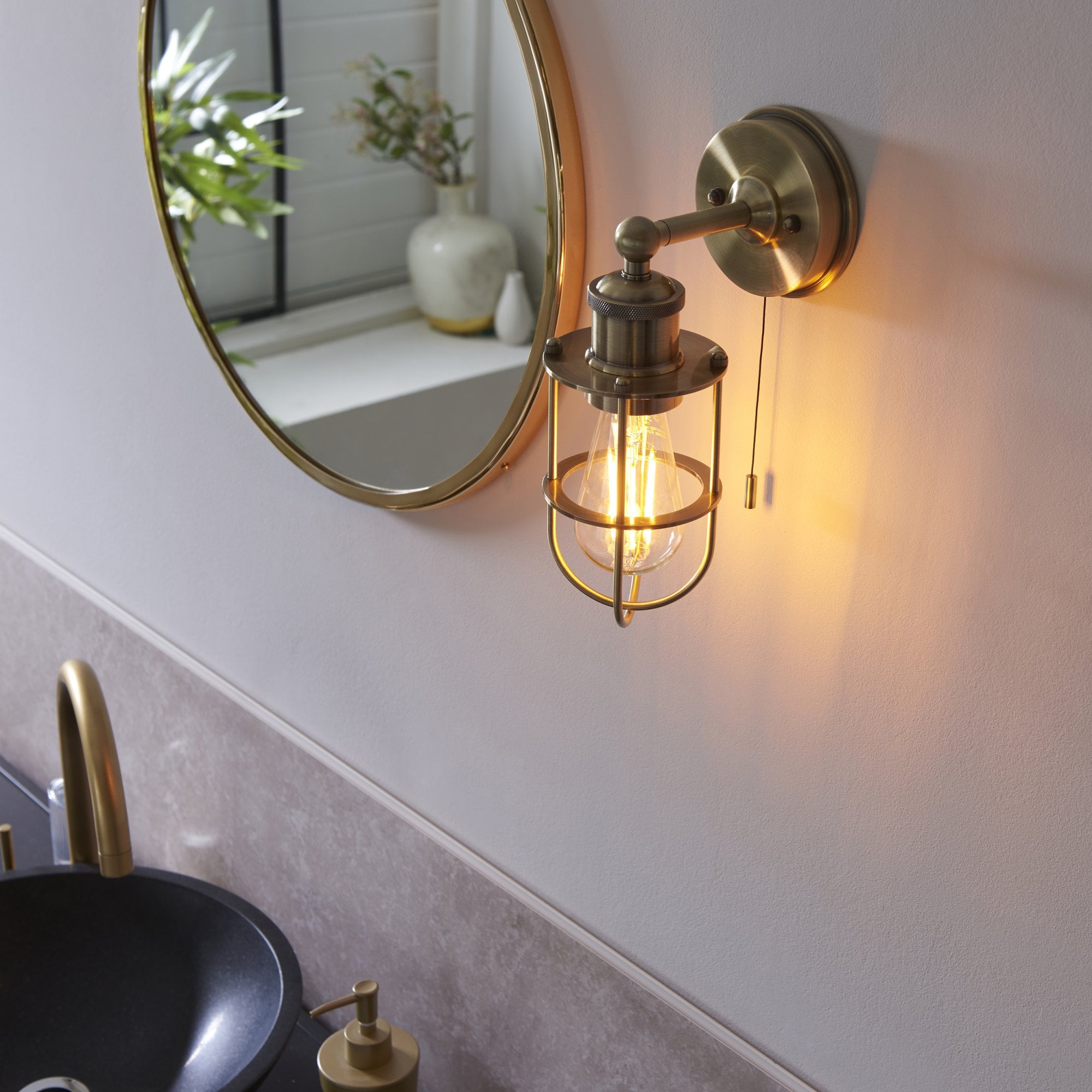 Utopia Industrial Caged Single Wall Light - Antique Brass