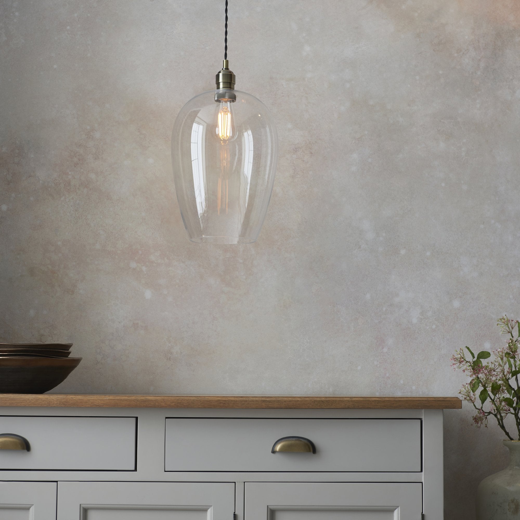 Utopia Walton Single Light Large Ceiling Pendant - Antique Brass & Clear Glass