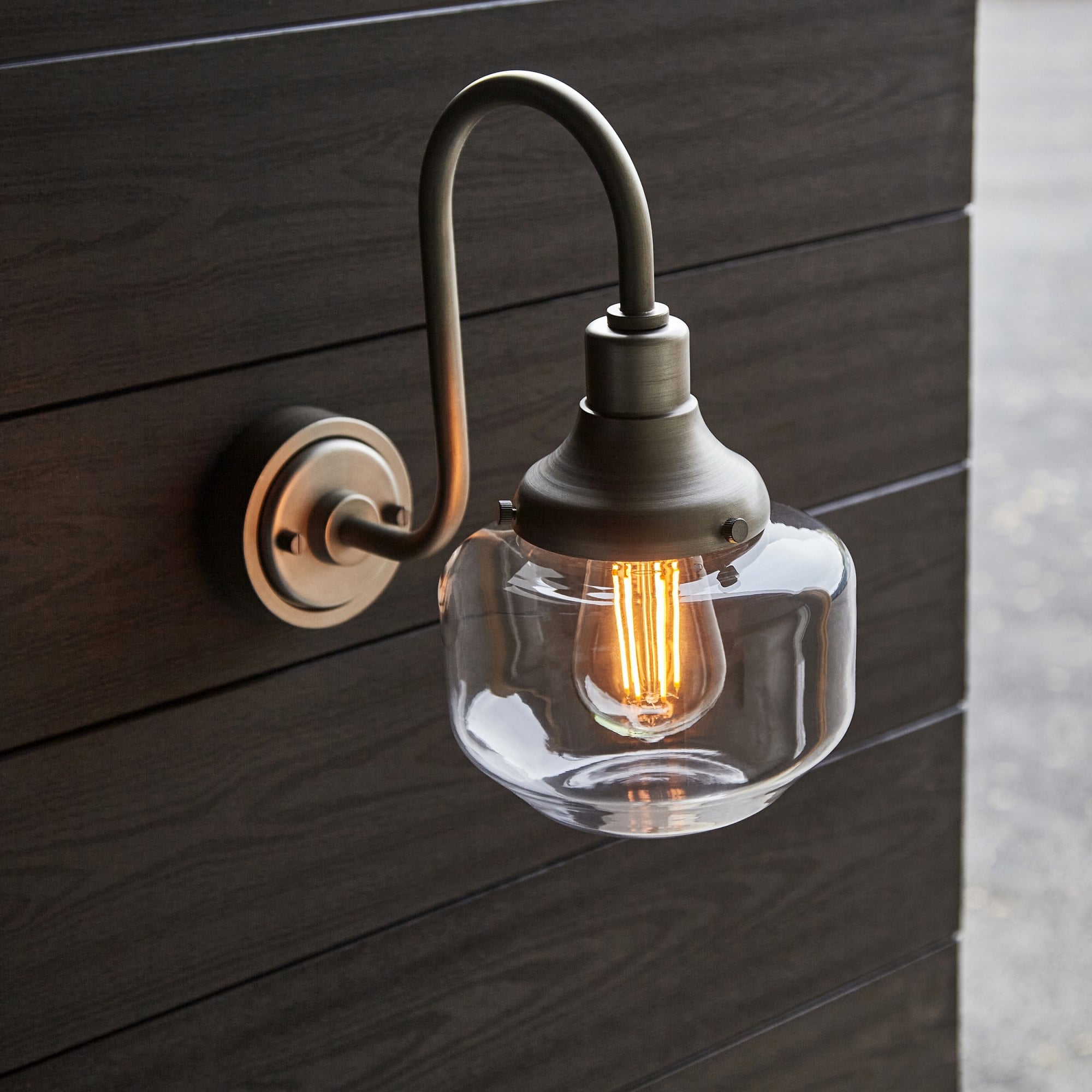 Utopia Amble Swan Neck Single Wall Light - Aged Pewter & Clear Glass