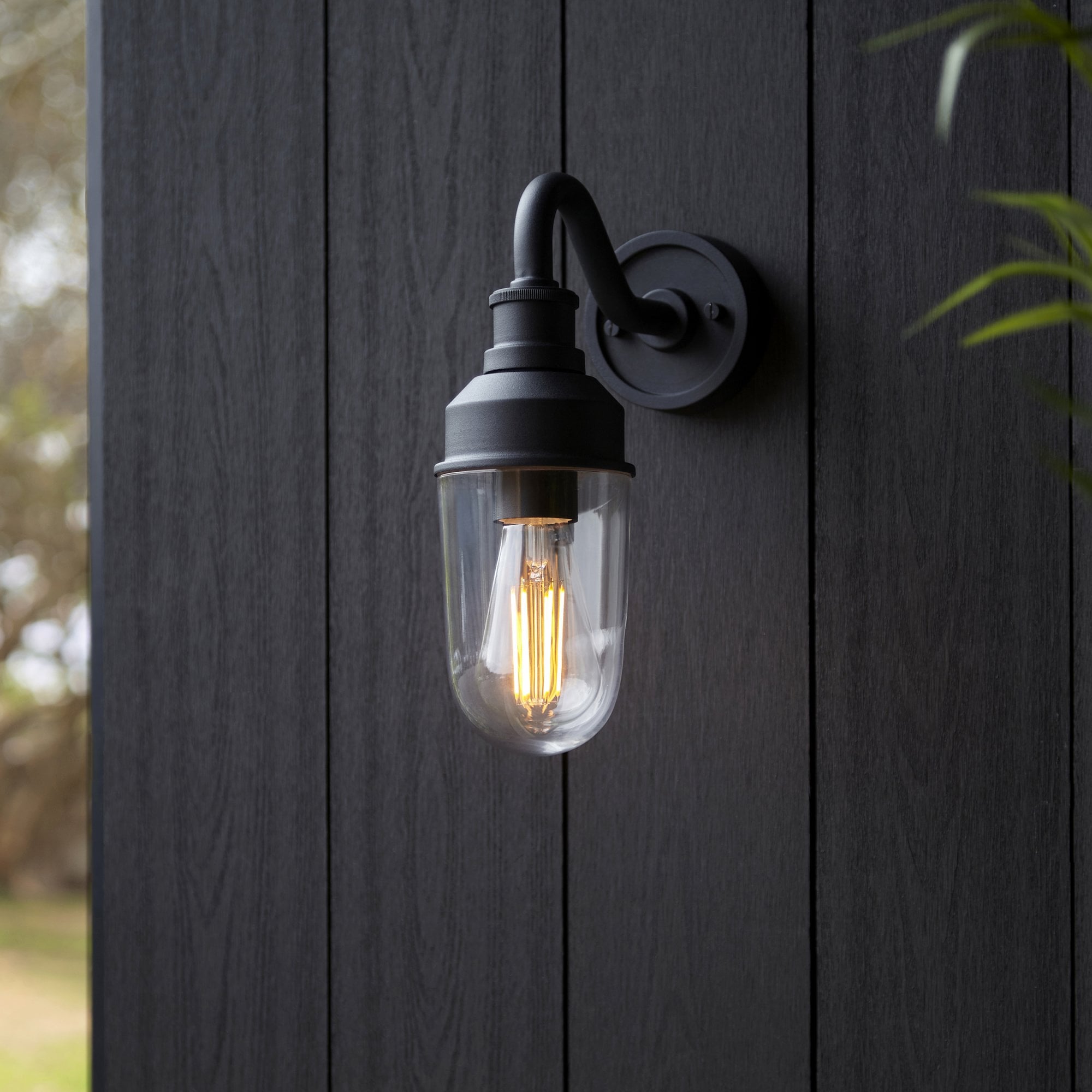 Utopia Frontier Curved Arm Wall Light - Textured Black & Clear Glass
