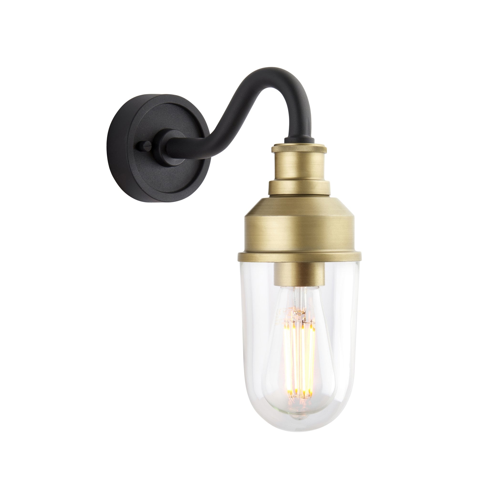 Utopia Frontier Curved Arm Wall Light - Matt Antique Brass & Clear Glass