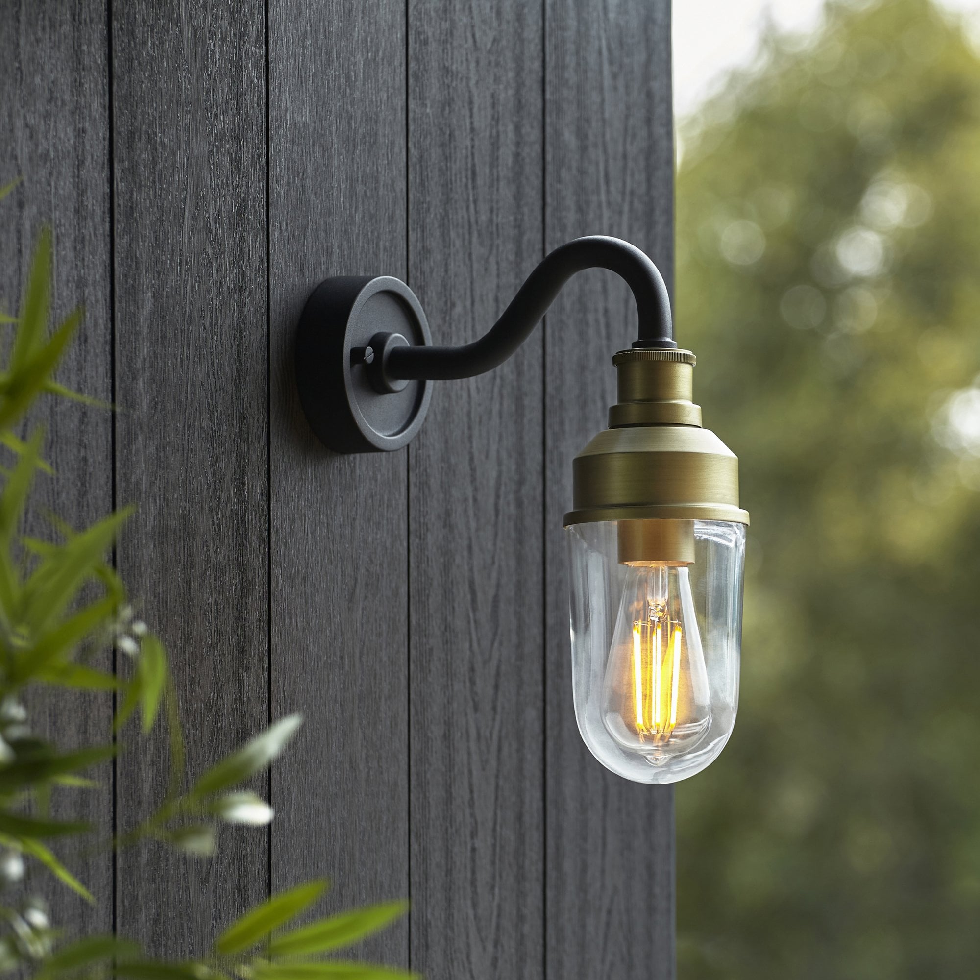 Utopia Frontier Curved Arm Wall Light - Matt Antique Brass & Clear Glass
