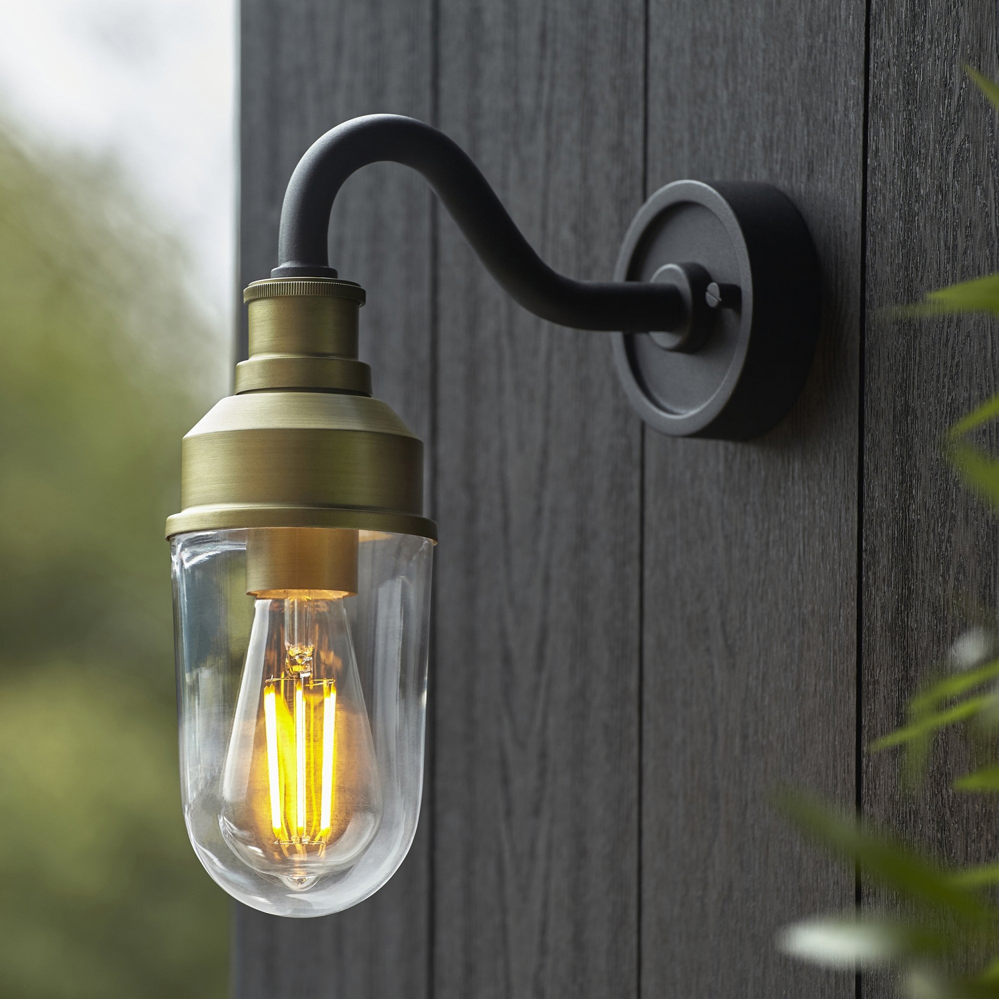 Utopia Frontier Curved Arm Wall Light - Matt Antique Brass & Clear Glass