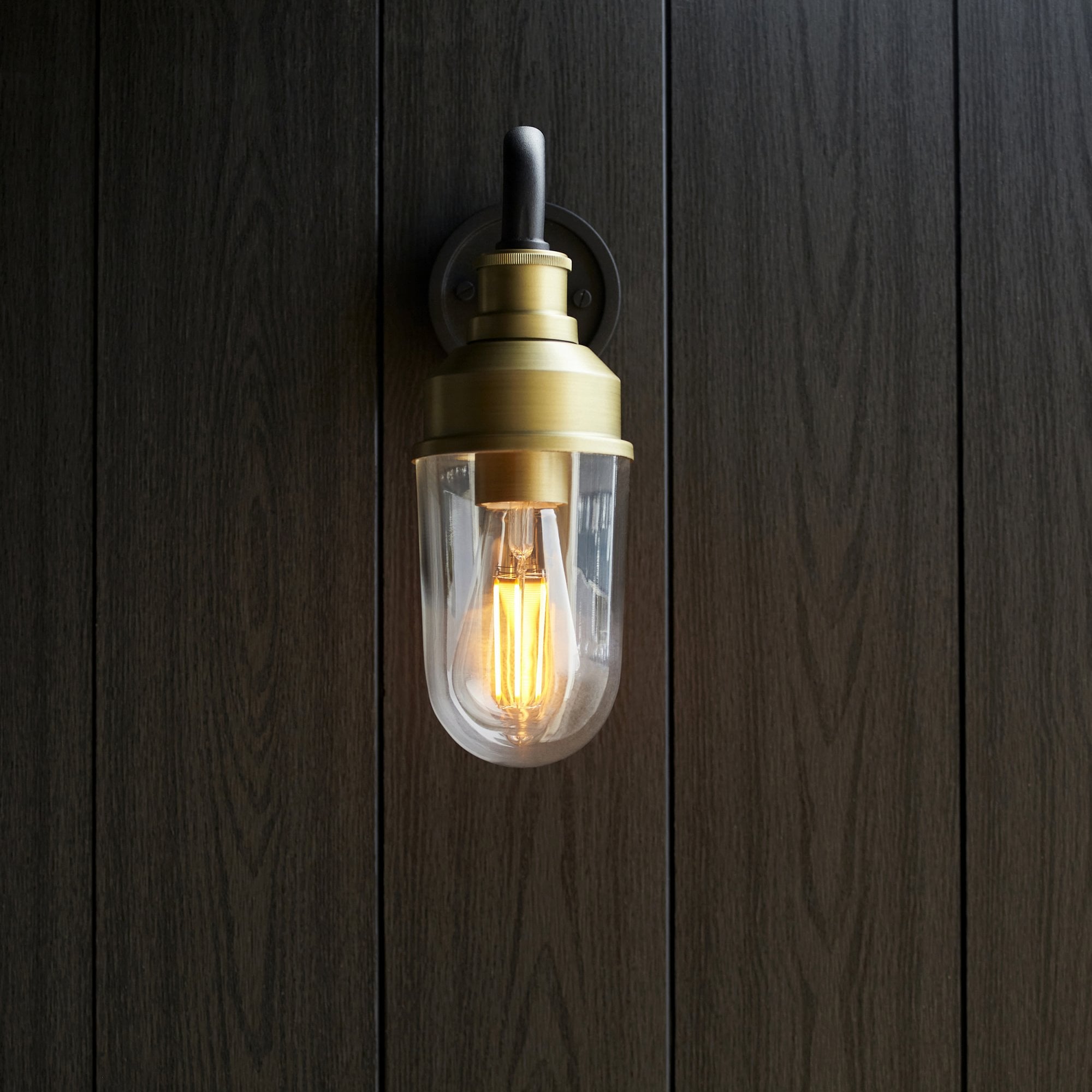 Utopia Frontier Curved Arm Wall Light - Matt Antique Brass & Clear Glass