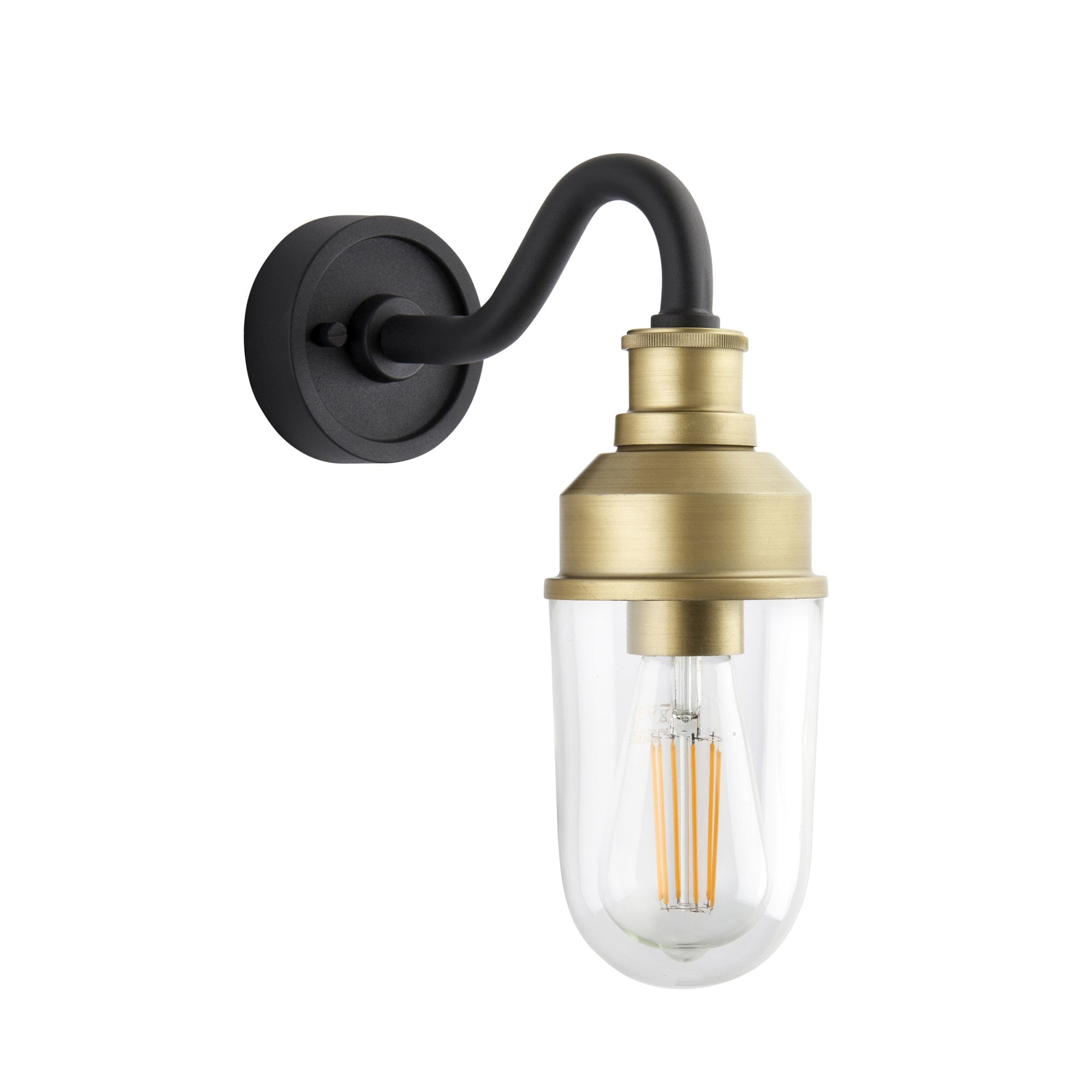 Utopia Frontier Curved Arm Wall Light - Matt Antique Brass & Clear Glass