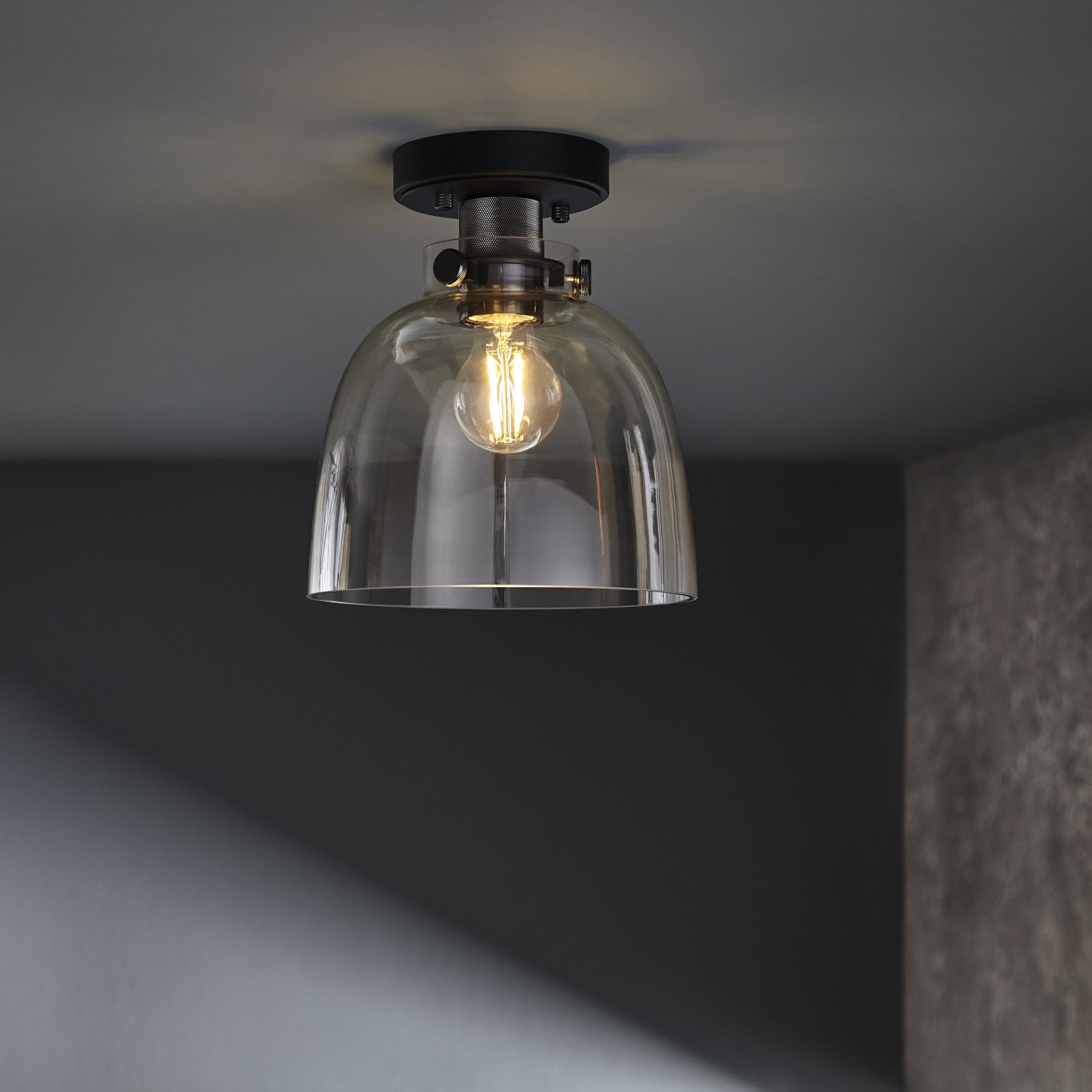Utopia Cupola Flush Ceiling Light - Black Chrome & Tinted Glass