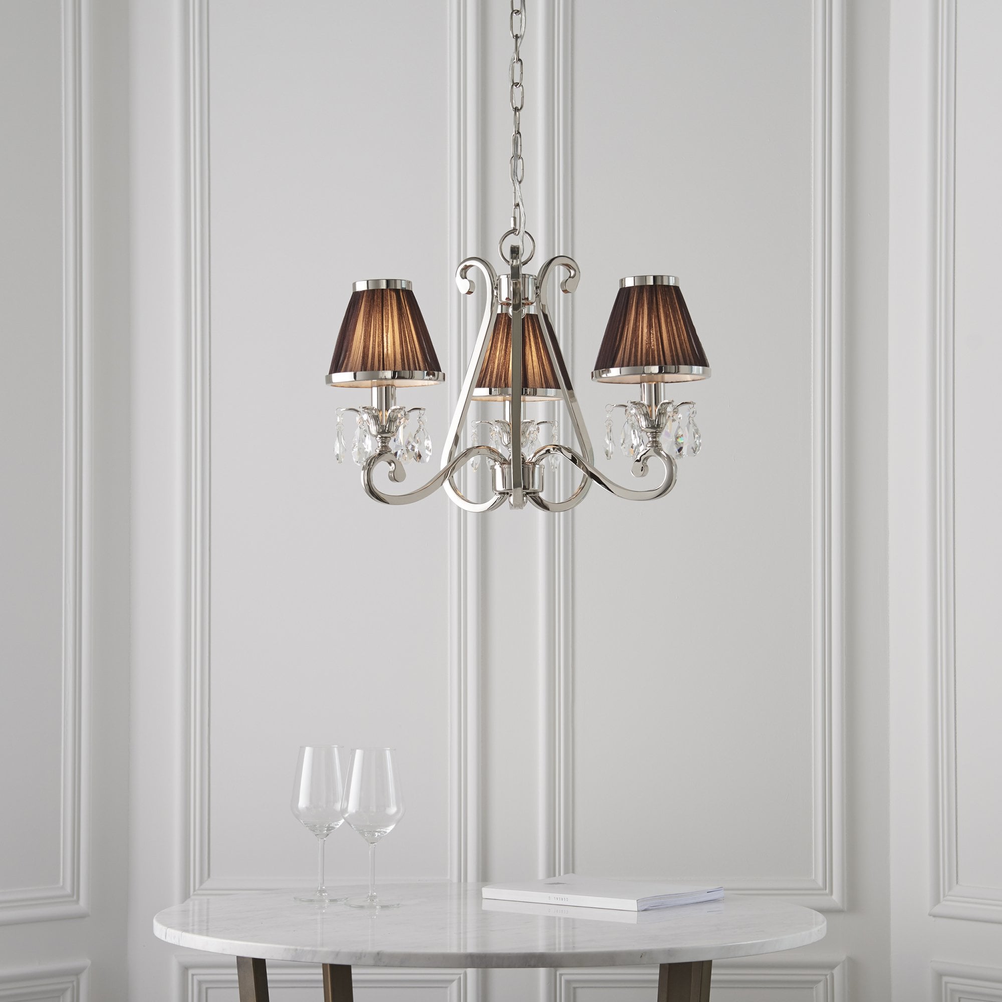 Interiors 1900 Oksana 3 Light Pendant - Nickel & Chocolate Shades