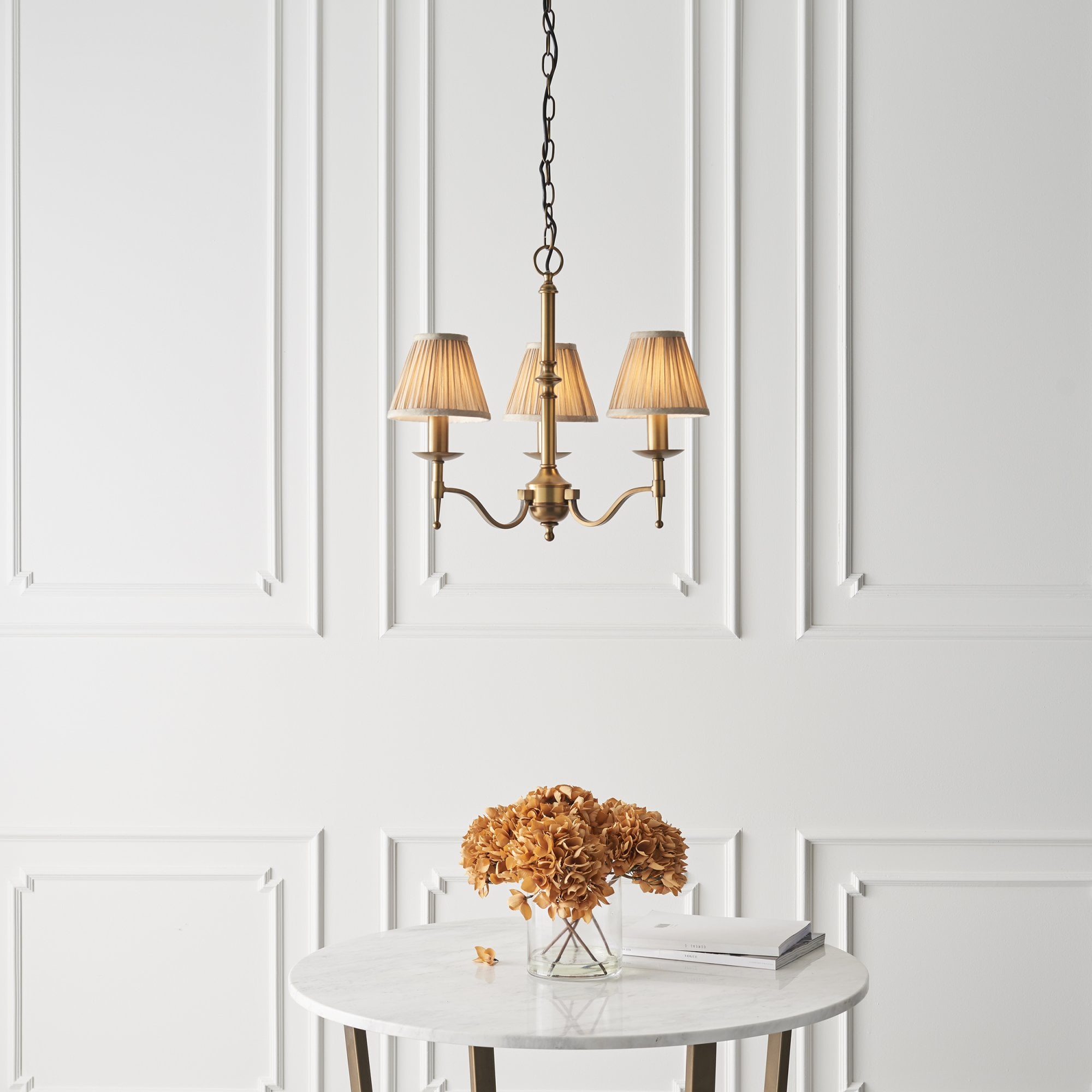 Interiors 1900 Stanford 3 Light Arm Pendant - Antique Brass & Beige Organza Shades