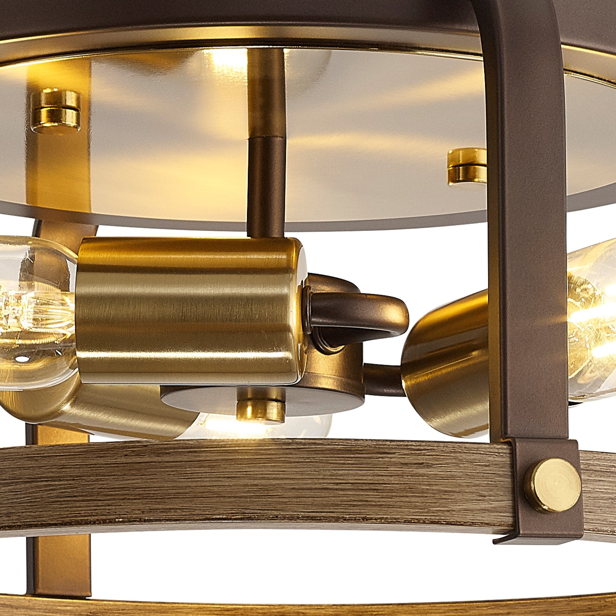 Fabula Faversham 3 Light Round Flush Light - Antique Bronze, Brown Oxide & Wood